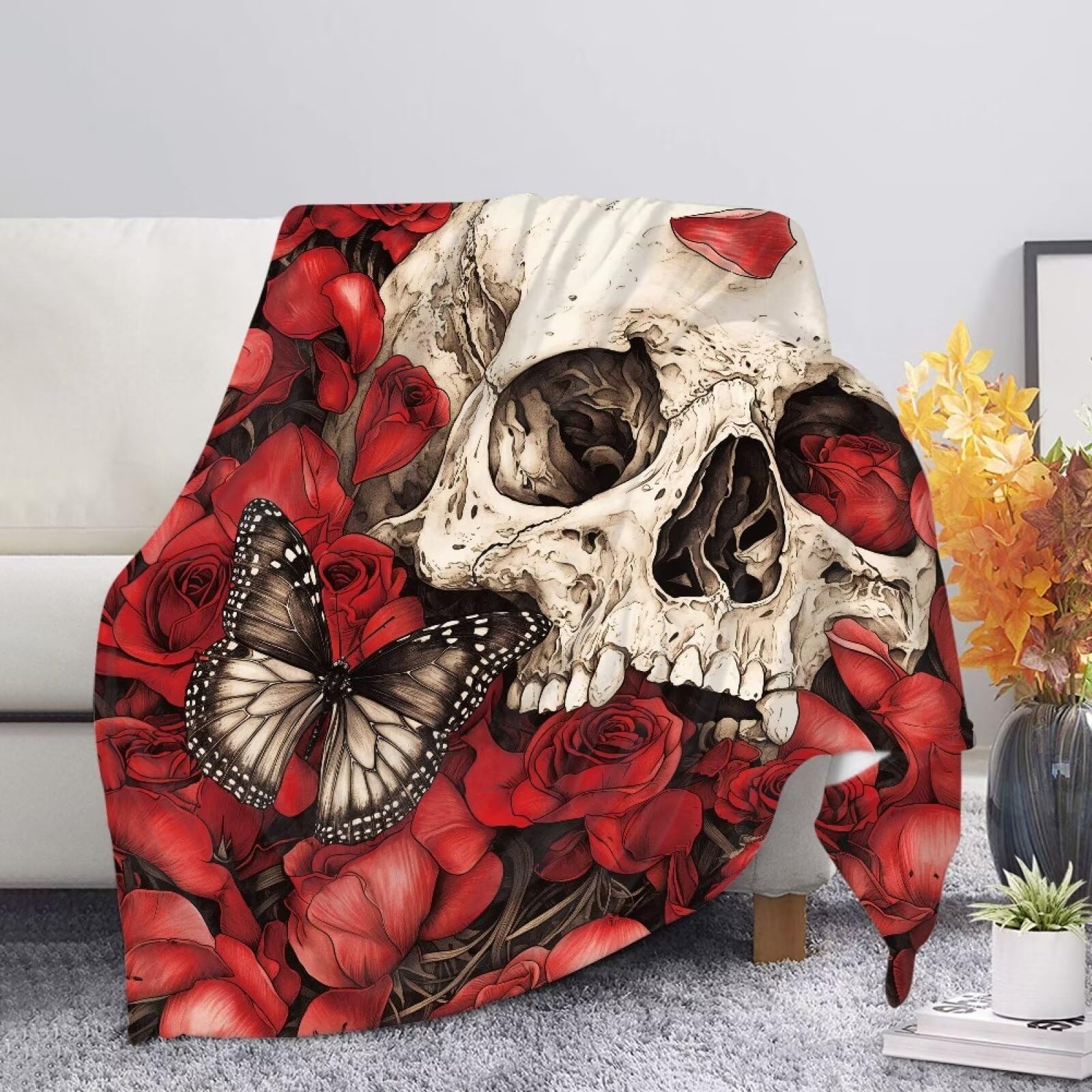 Allcute Gothic Rose Skull Throw Blanket for Couch Sofa Throws Fluffy Soft Winter Fall Blanket Home Decor Living Room Red Throw Blankets