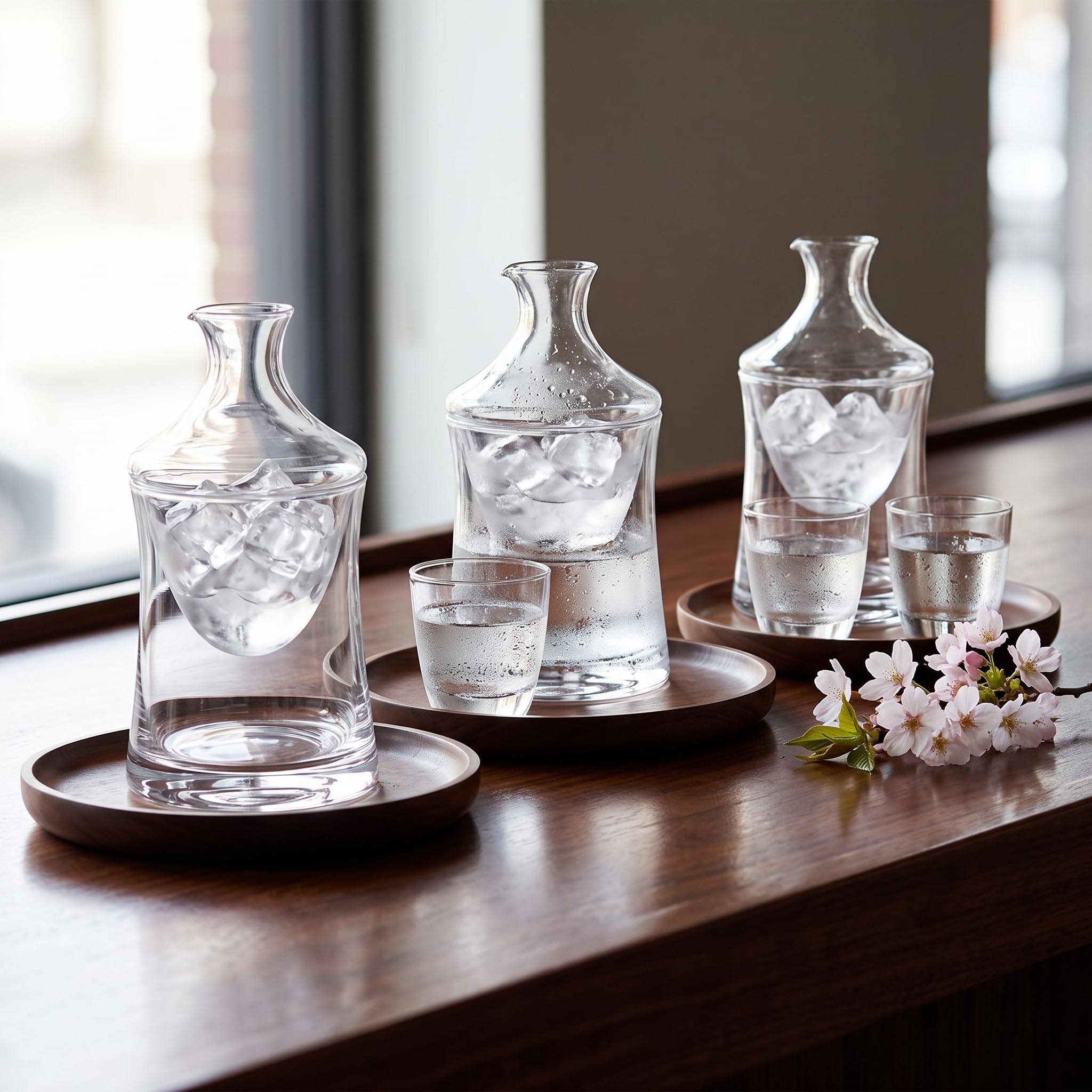 Set Sake Giapponese in Vetro Cristallo Trasparente con Caraffa e Vassoio in Legno, style to 2