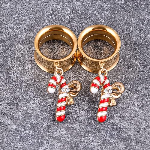 Miniatura 5 de PUNKYOUTH Christmas Style Gold Dangle Ear Gauges Double Flared Plugs Tunnels Stainless Steel Screw Back Earrings Deer Cane Gauge 2g to 1"