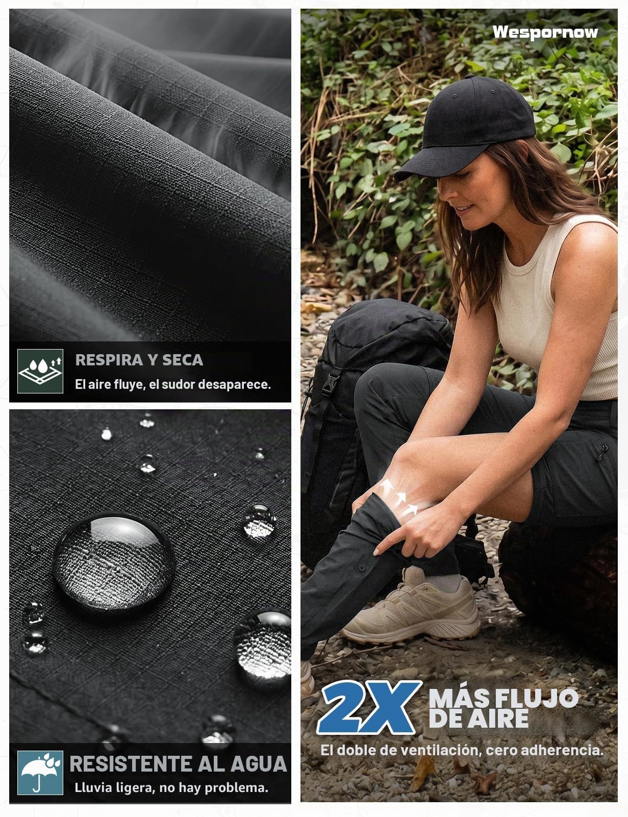 Wespornow Pantalones de Desmontable Senderismo para Mujer, Ligeros, de Secado rápido, elásticos, para Exteriores, UPF 50, Angel Safari, Cargo Capri, Bolsillos con Cremallera | Pantalones de trekking 3 en 1 con función impermeable, con buen ajuste, para sa