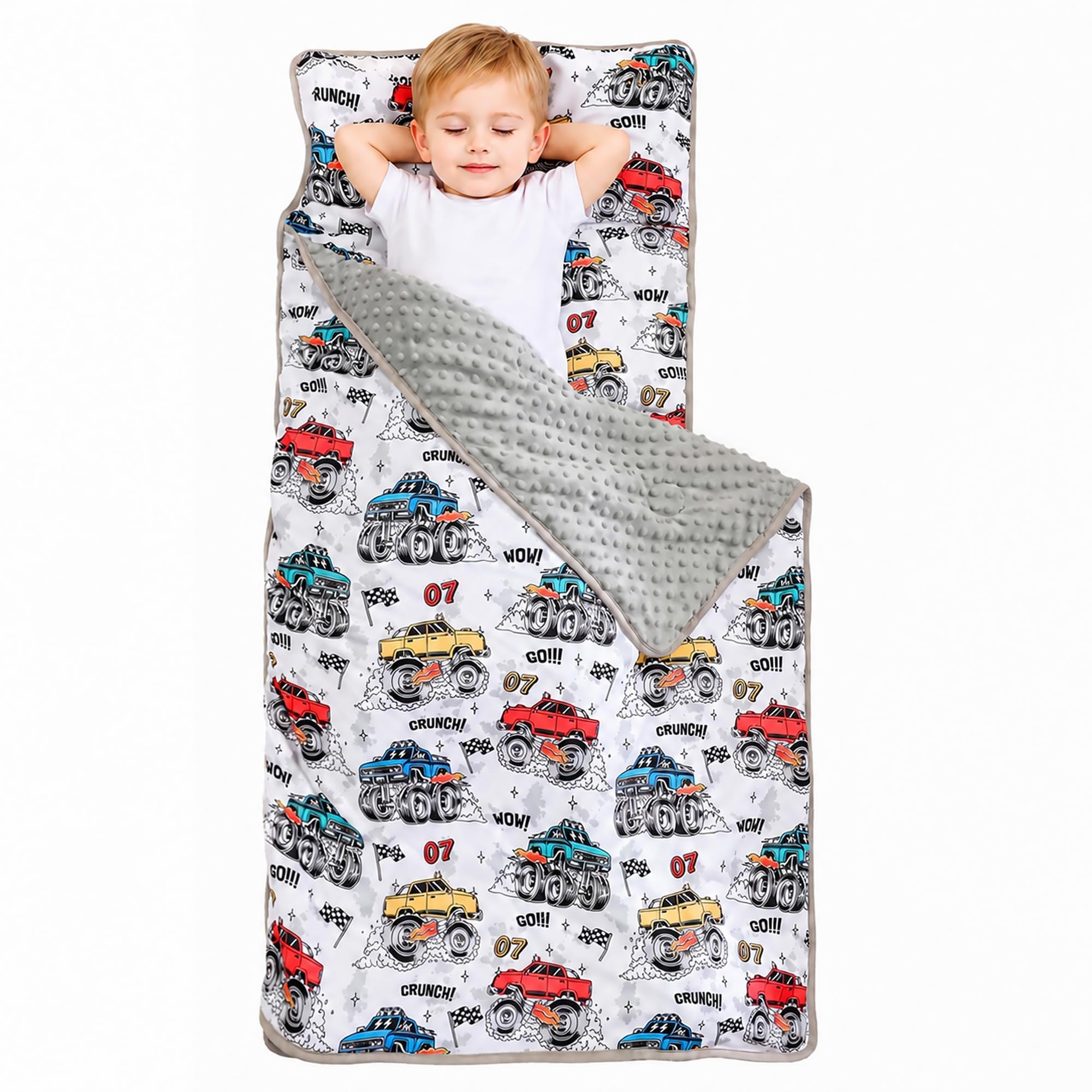 Viviland Toddler Nap Mat with Pillow and Minky Blanket,Rolled Large Sleeping Mat for Boys, Kids Slumber Bag Nap Mat for Preschool, Daycare, Kindergarten, Travel Camping - Monster Truck