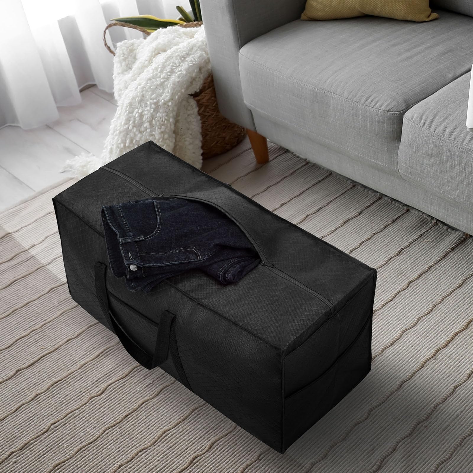 Lot de 4 sacs de rangement XXL 120L avec couvercle, sacs de rangement robustes avec fermeture éclair, sac de transport pour voyages, couette, vêtements, maison, sous-lit