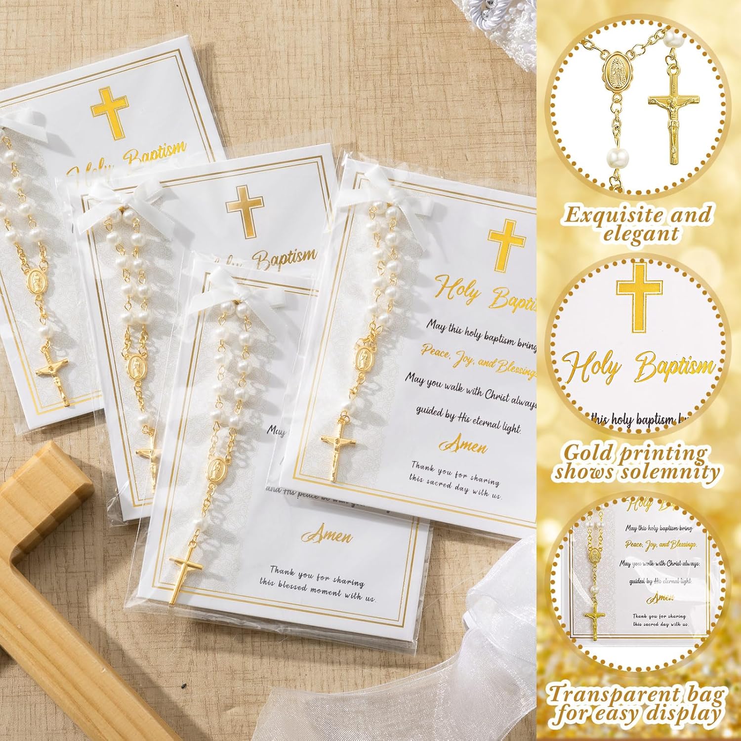 Quelay 50 Sets Rosary Baptism Favors Mini Acrylic Rosary Finger Rosaries Gold Bead Faux Pearls with Cards and Bags Recuerdo De Boda Y Bautizo for Christening Party Favor(Baptism)