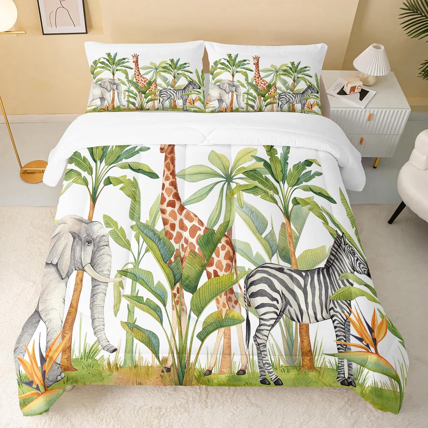 QOOMO Wild Animal Comforter Queen Size,Elephant Giraffe Zebra Kids Bedding Set,3Pcs Bedding Set Printed Comforter with 2 Pillowcases,Down Alternative,Soft and Lightweight,for All Seasons