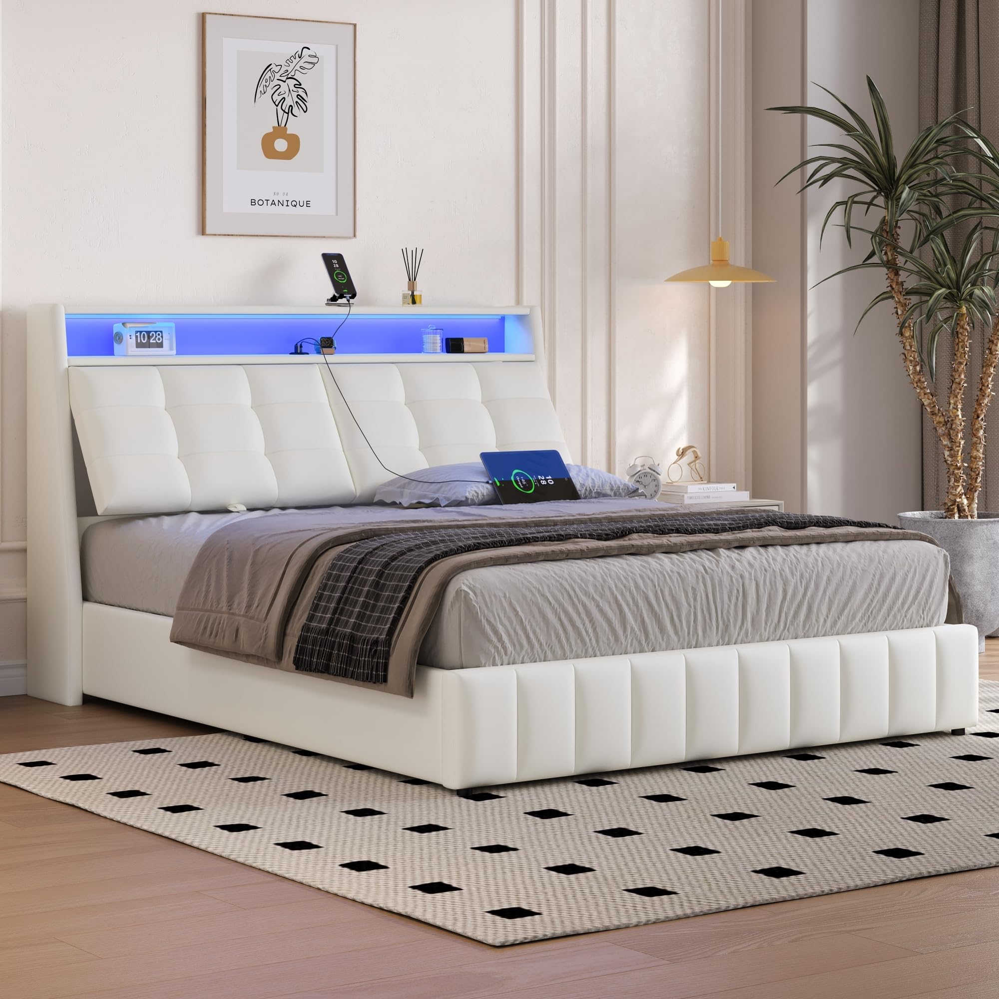 Podwójne łóżko tapicerowane 160 x 200 cm z diodami LED i USB – łóżko platformowe z miejscem do przechowywania i regulowanym zagłówkiem, białe, w zestawie stelaż łóżka – do sypialni i gości