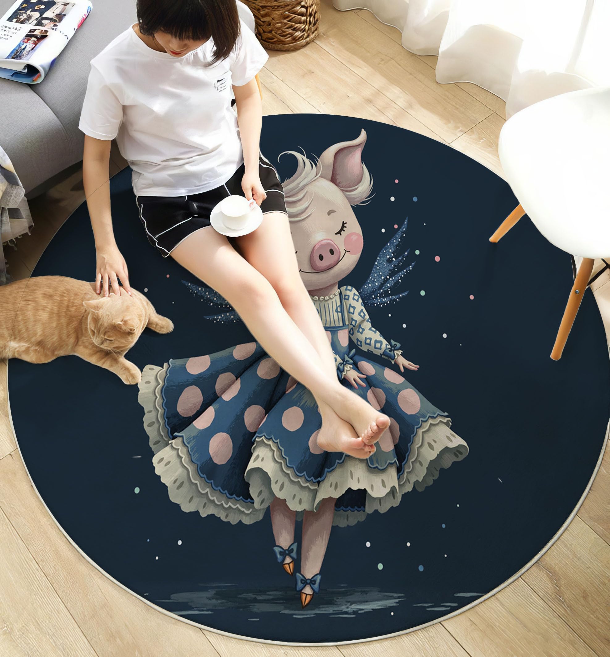 Tapis Salon Rond Diamètre 160cm, Dessin animé Fantastique Cochon en Jupe, Tapis Doux Antidérapant pour Décoration Salle à Manger Chambre Canapé Cuisine Chambre d'enfant, Bleu foncé