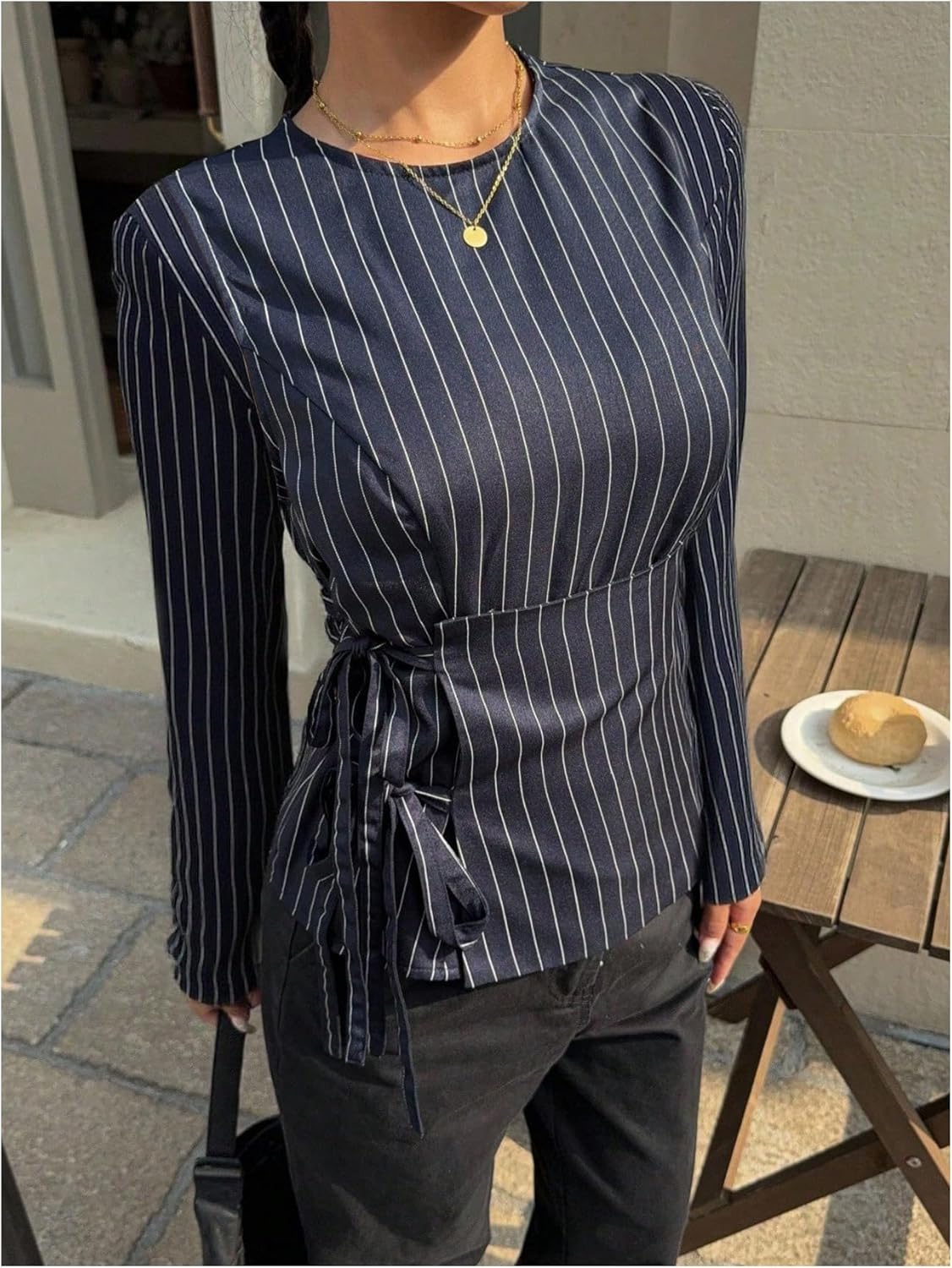 SHENHE Women's Dressy Casual Wrap Blouse Side Tie Bell Long Sleeve Business Striped Shirt Top - Image 2