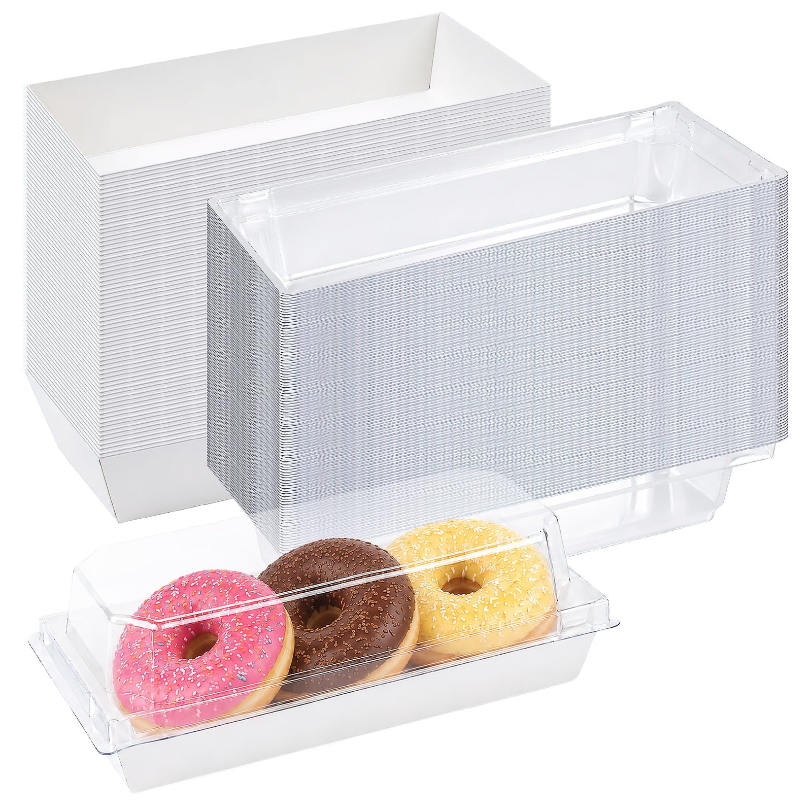 ZVLZR 100 Pack Charcuterie Boxes with Clear Lids, Disposable Rectangular Dessert Bakery Boxes Bulk, 20 x 9.5 x 6.5 cm Cardboard Takeaway Containers for Cakes Cookies Sandwich Hot Dogs Pastry (White)