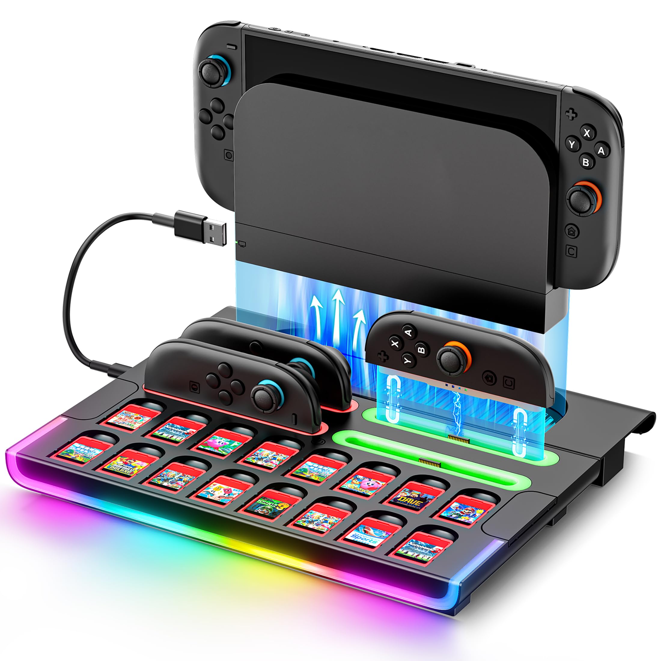 Estación de Organización para Switch 2 2025 Consola & Mando , Rápida Magnética Base de Carga para Joy-Con 2 con 9 Modos RGB, Dock de Almacenamiento para Switch 2 Accesorios para 16 Tarjetas de Juego