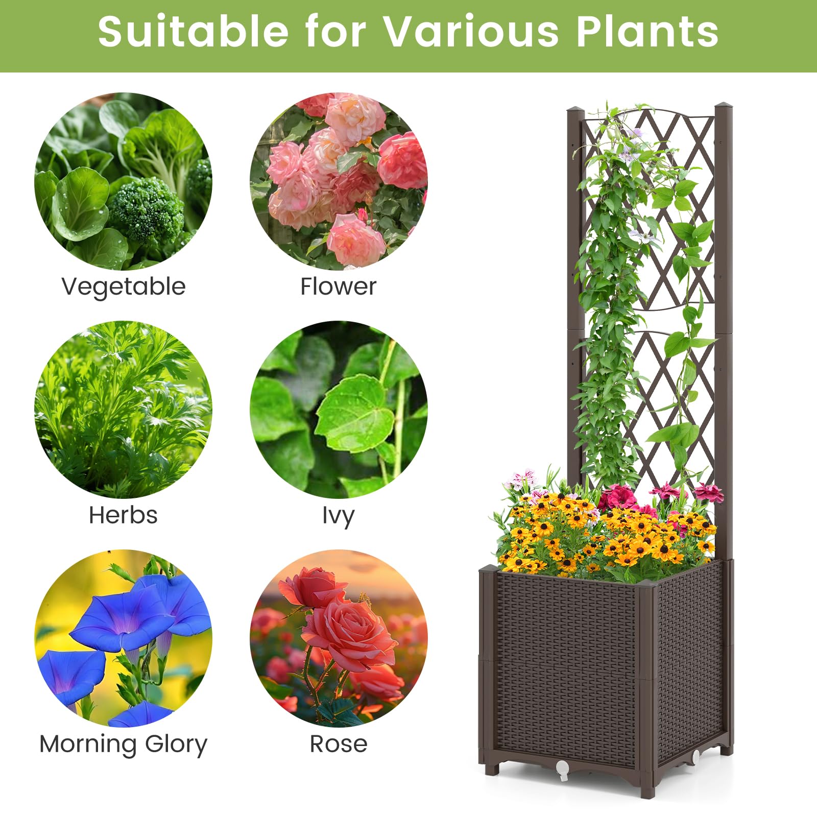 HOMASIS Blumenkasten mit Rankgitter, Pflanzenkasten mit Spalier & Selbstbewässerung, Pflanzkübel Gartenspalier für Kletterpflanzen, Rankkasten Hochbeet für Balkon Garten Terrasse (Braun, 40x40x140cm)
