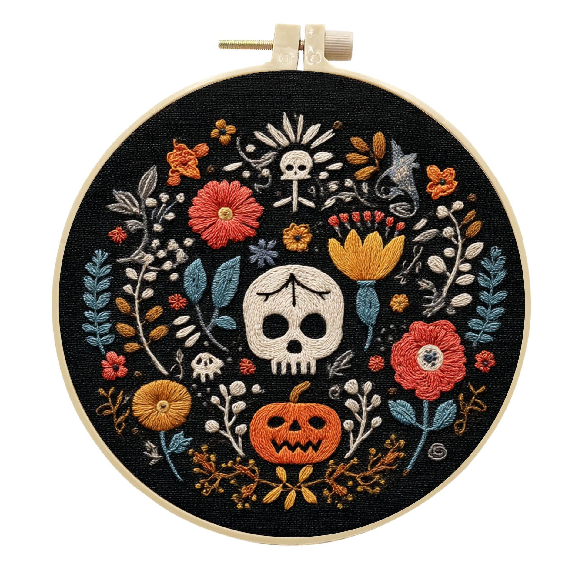artcici Embroidery Kits Halloween Colorful Skull Pumpkin Patterns for Intermediate Adults, Full Range Next-Level Cross Stitch Needlework Supplies (Vivid)