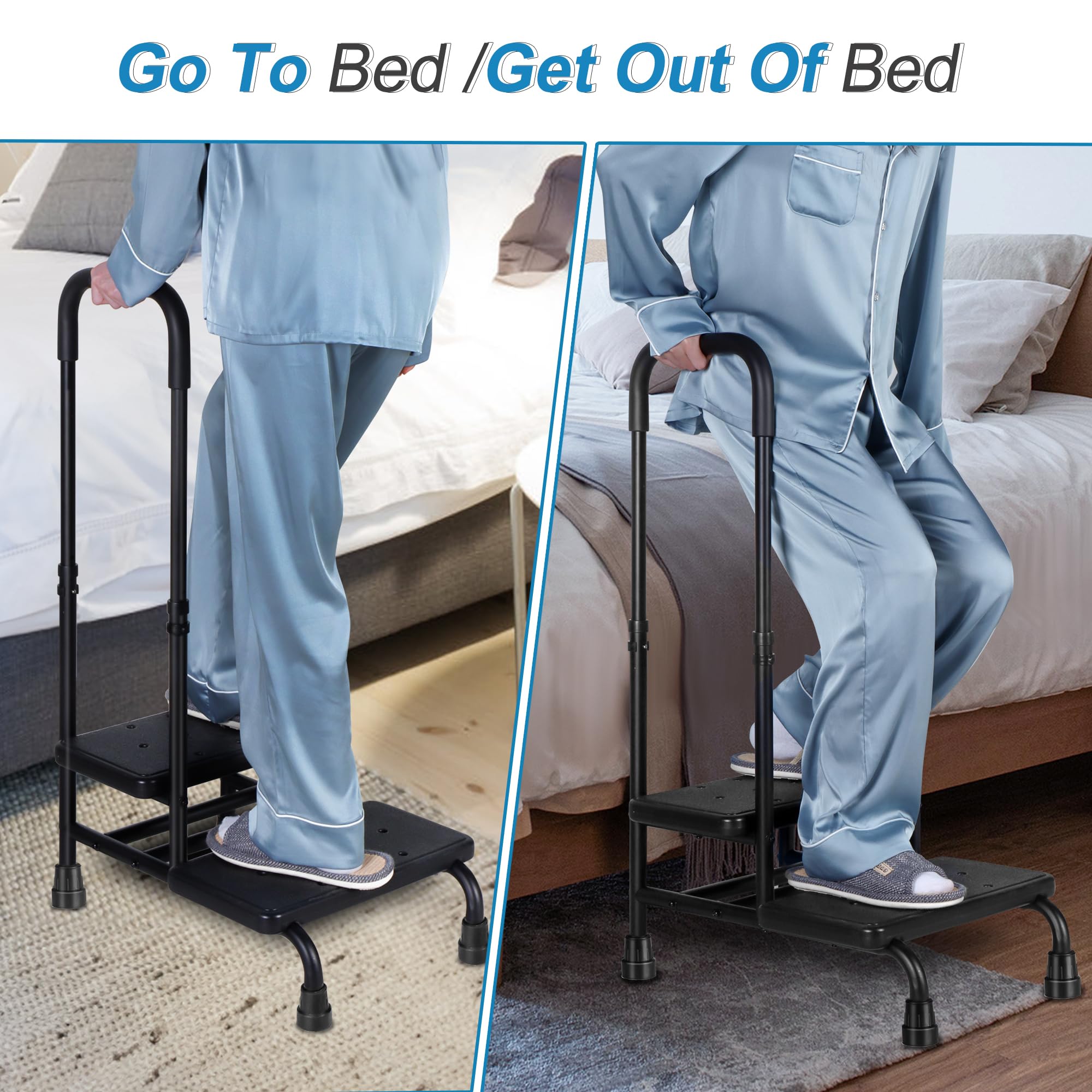 REAQER Taburete con asa para adultos, taburete médico de 2 escalones con pasamanos para adultos, personas mayores, discapacitados, soporta hasta 350 libras (negro)