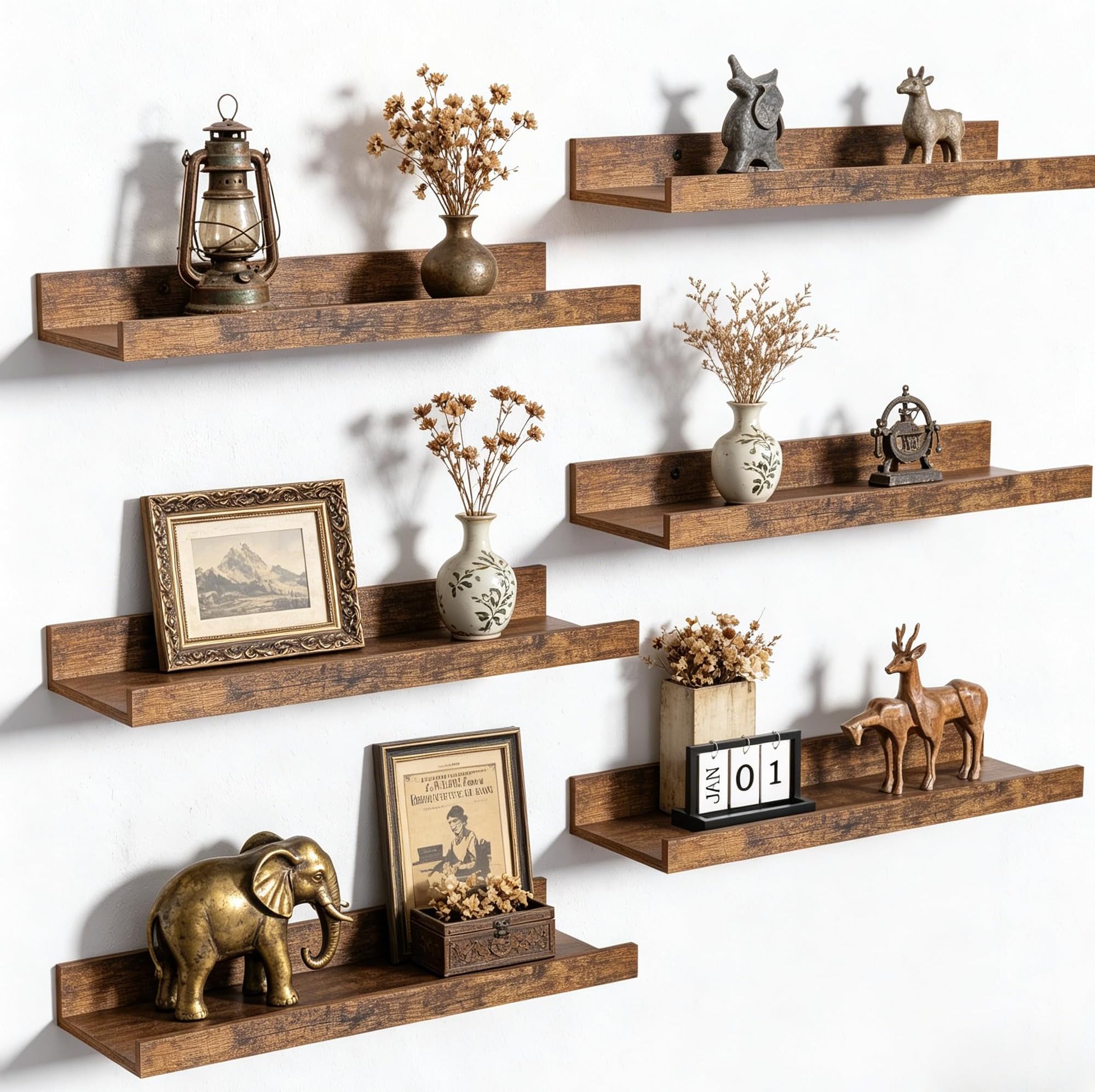 upsimples Floating Shelves for Wall, Wall Shelves for Decor Storage, Set of 6, Wall Mounted Wooden Shelf for Bedroom, Living Room, Bathroom, Kitchen, Picture Rail, Brown