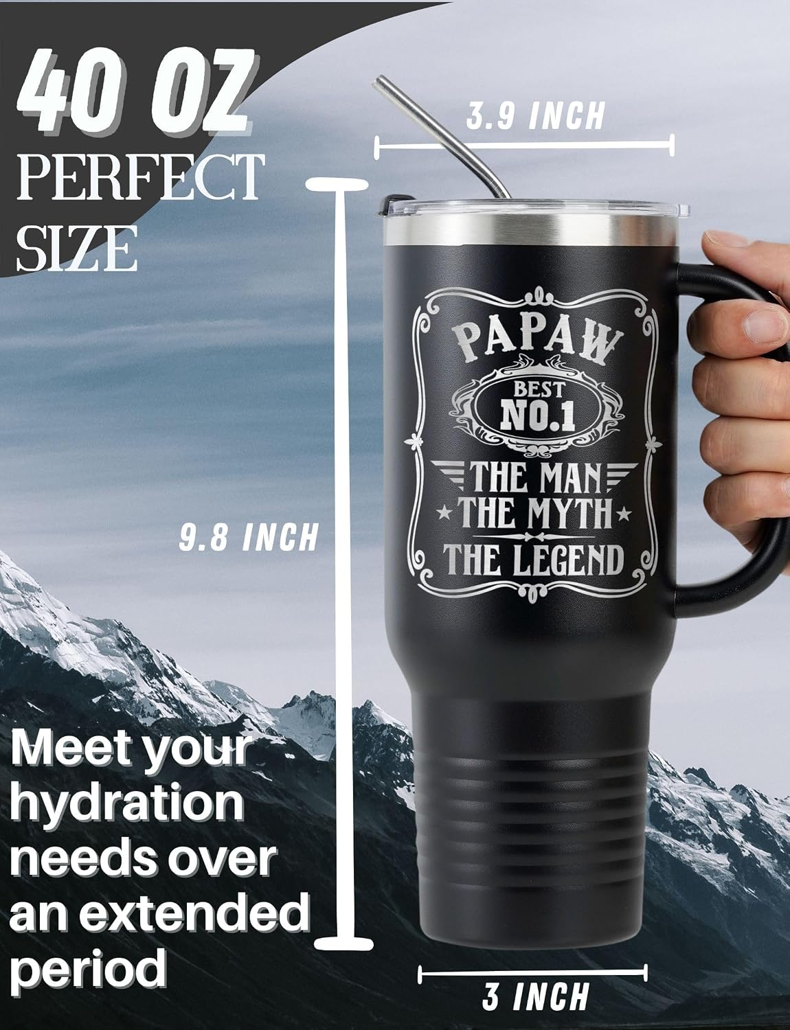 Onebttl Papaw Gifts, 40oz Tumbler with Handle, Presents from Grandkids for Father's Day, Christmas, Birthday, Retirement, Stainless Steel Cup with Lid & Straw