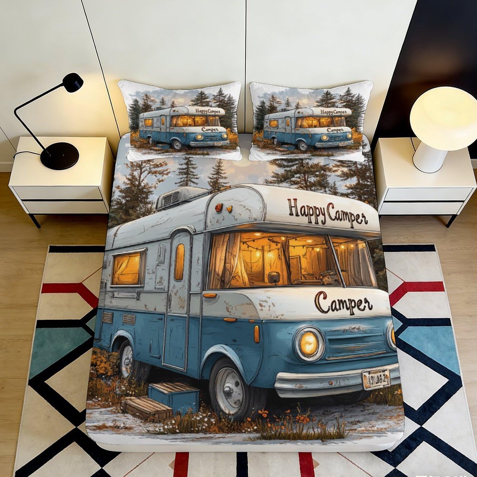 3D Printed Vintage Camper Fitted Sheet Microfiber Anti-Slip Blue Retro Caravan Mattress Cover for Bedroom Guest Room Decor 180x200x25cm