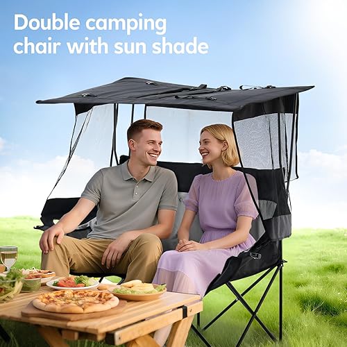 Miniatura 3 de Silla plegable doble con paraguas, sofá biplaza plegable para camping, silla de campamento doble con cortina portavasos, para barbacoa, pesca en la
