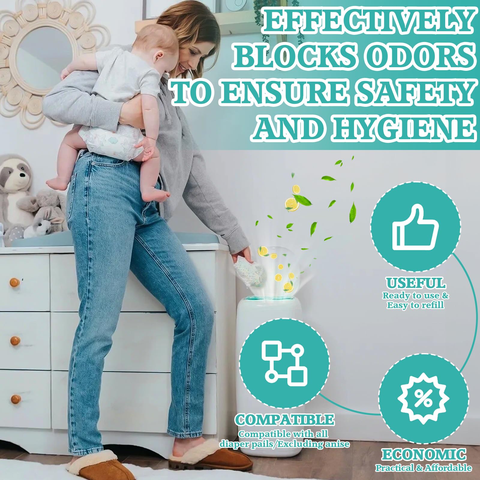 15 Piezas Recambios Cubos de Pañales, 4,5M Recambios Papelera Pañales Originales, Recambios Cubos de Pañales Compatible con Todos Contenedores de Pañales, Antiodor