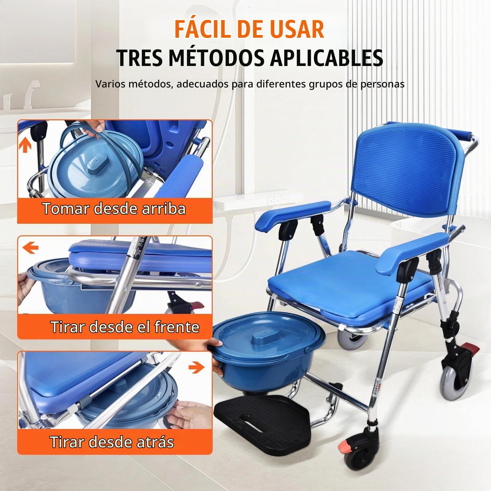 Silla de Ducha con Ruedas Plegable para Personas Mayores, 150kg | Silla de Ruedas para Ducha y WC, Silla Baño Ancianos Ducha Plegable con Cómodo Asiento y Respaldo, 4 Ruedas con Frenos