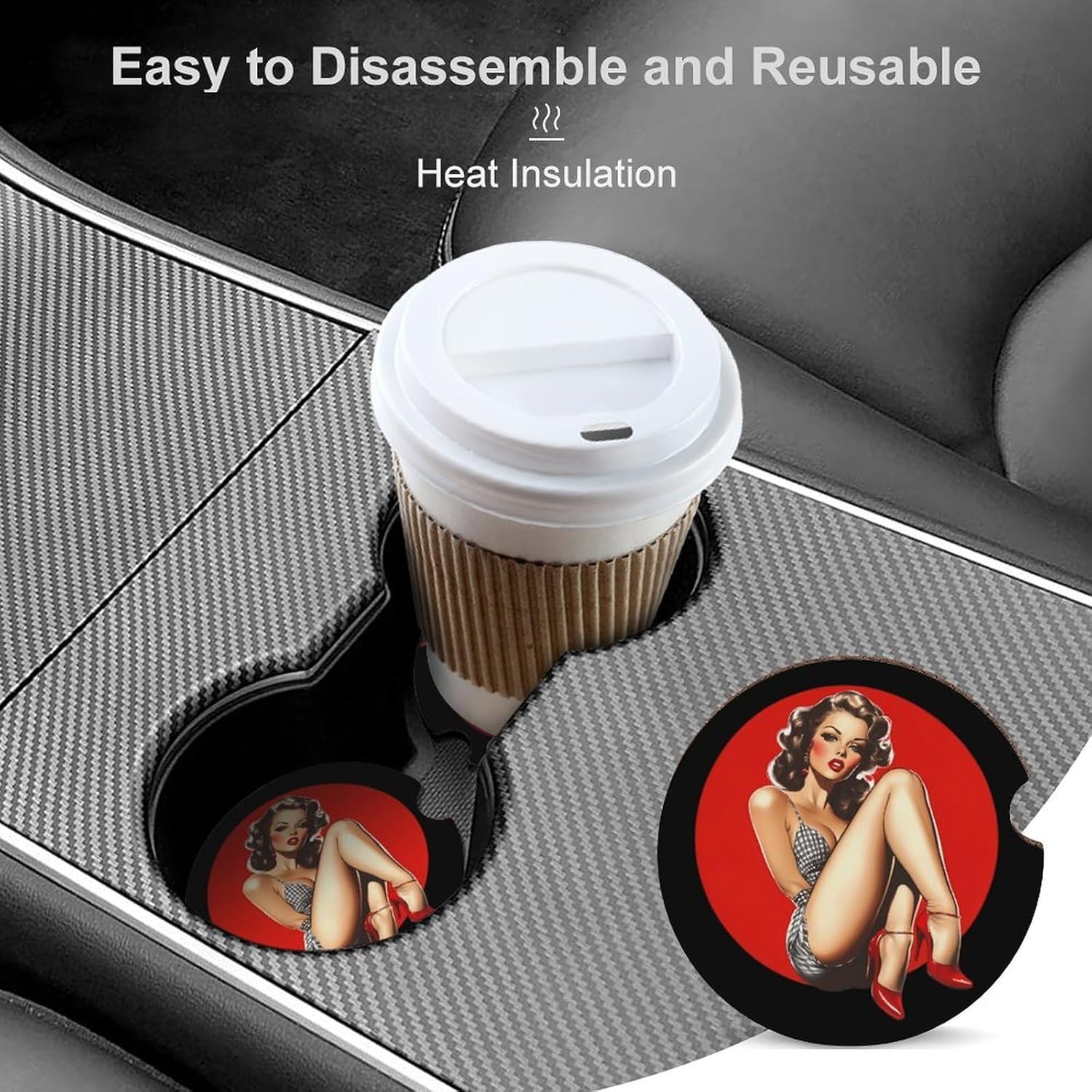 Pinup Women with Red Heels Cute Car Coasters 2.56 Inch Absorbent Cup Holder for Drinks Auto Interior Accessories