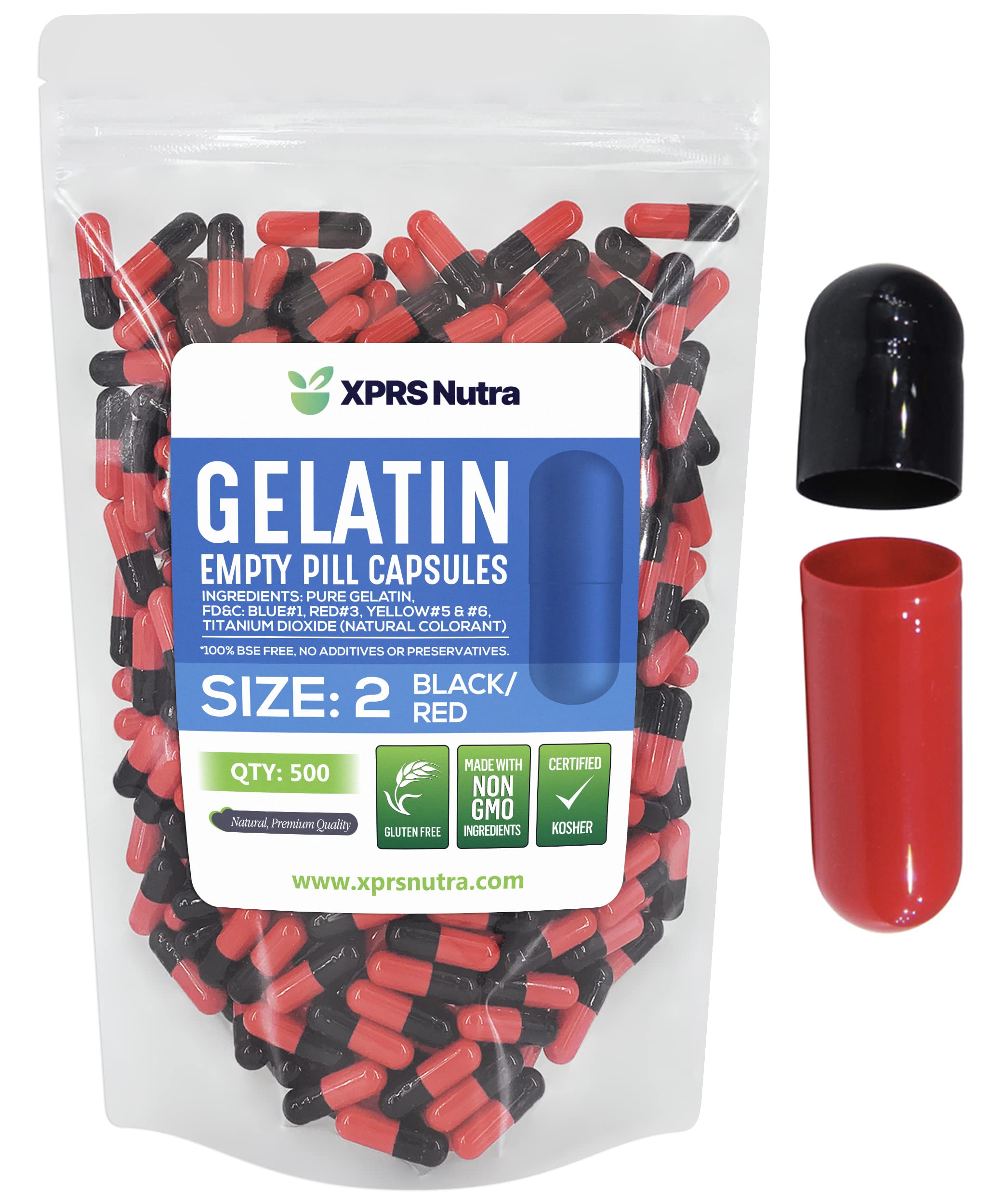 XPRS Nutra Size 2 Empty Capsules - 500 Count Empty Gelatin Capsules - Pills DIY Capsule Filling - Pure Bovine Pill Gel Caps for Do-It-Yourself Supplements (Black/Red) 500 Count (Pack of 1) Black / Red
