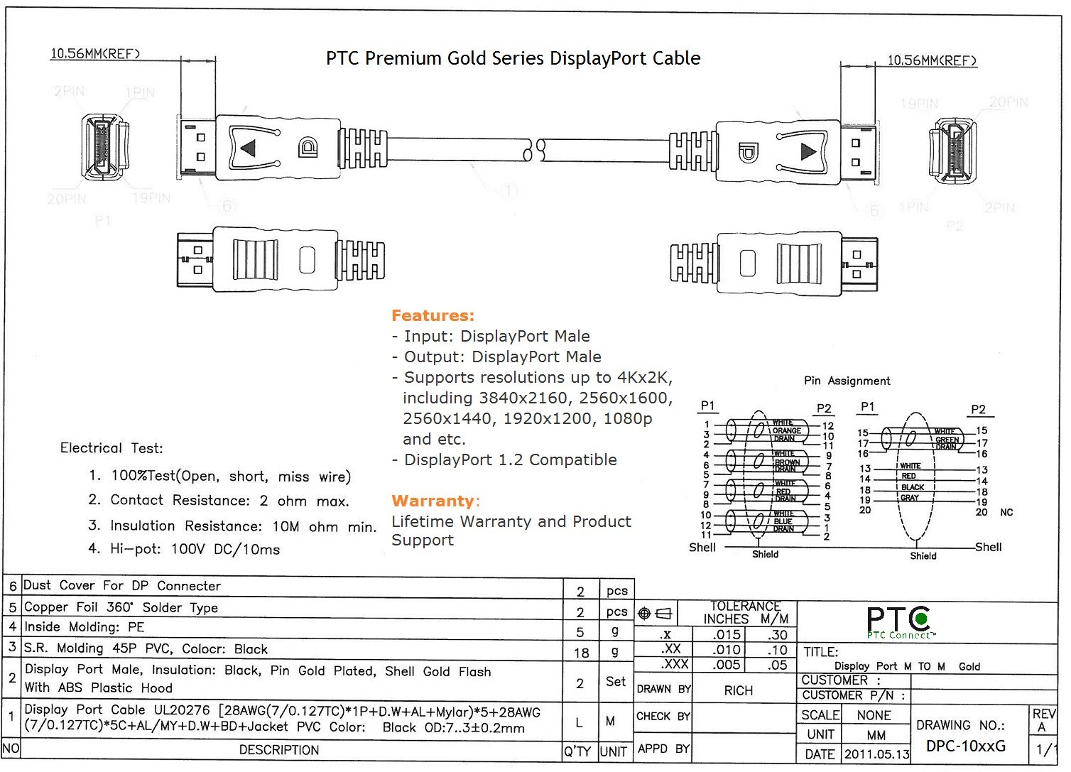 PTC Premium Gold Series 1,8 m cavo DisplayPort su DisplayPort, supporta risoluzione 4 K, DisplayPort 1.2 – DP a DP m/m Cavo -
