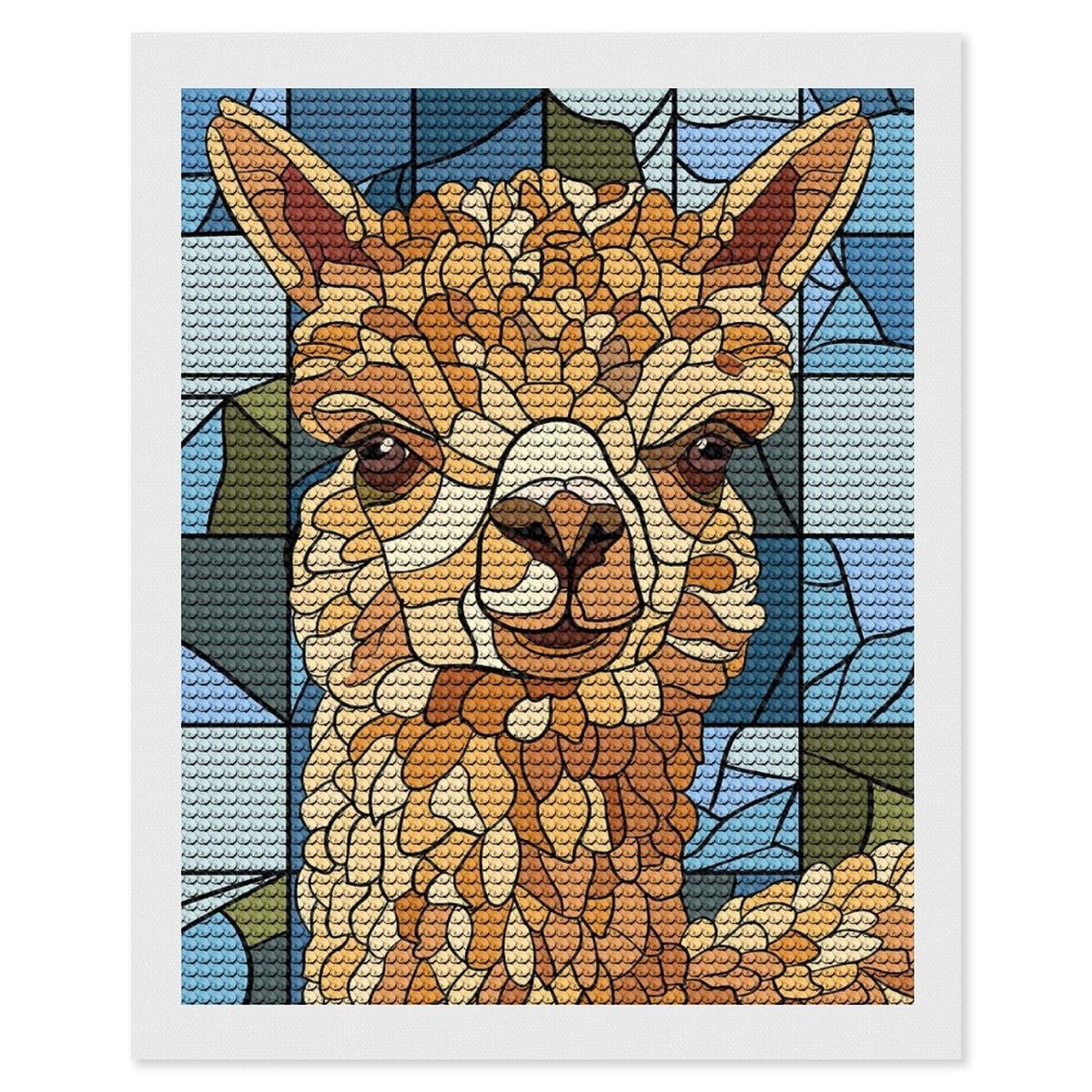 Junmoney Stained Glass Alpaca Portrait Diamond Art Kit 16"x20", Vintage Style Decor, Stress Relief Craft, Decor Project, Relaxing DIY, Creative Hobby