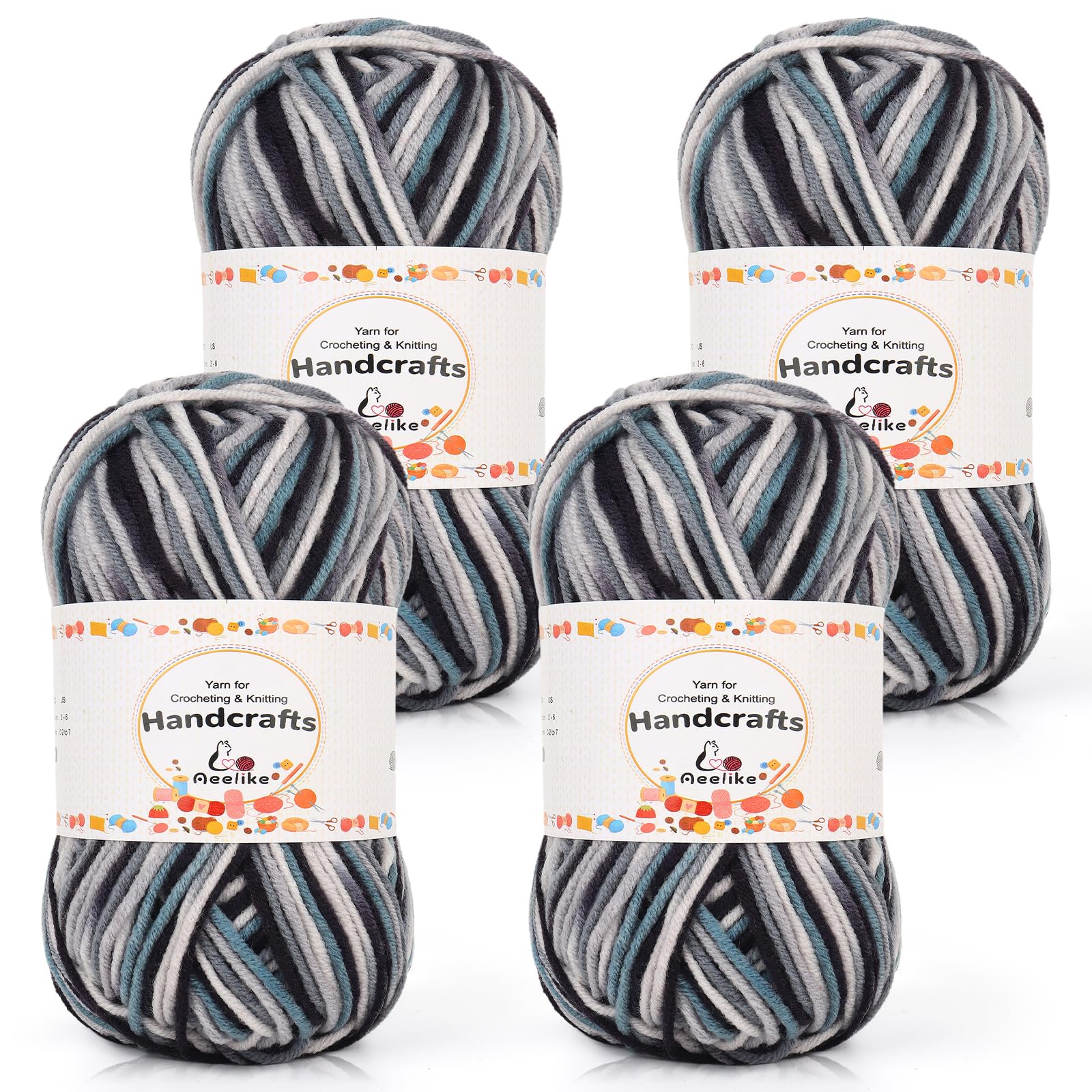 Aeelike 200g(4x50g) Farbverlauf Wolle zum Stricken, 5Ply Acrylic Baumwolle zum Häkeln, Cotton Yarn Wolle Bunt Set für Anfänger, Erfahrene Stricker, Schwarz Grau Blau