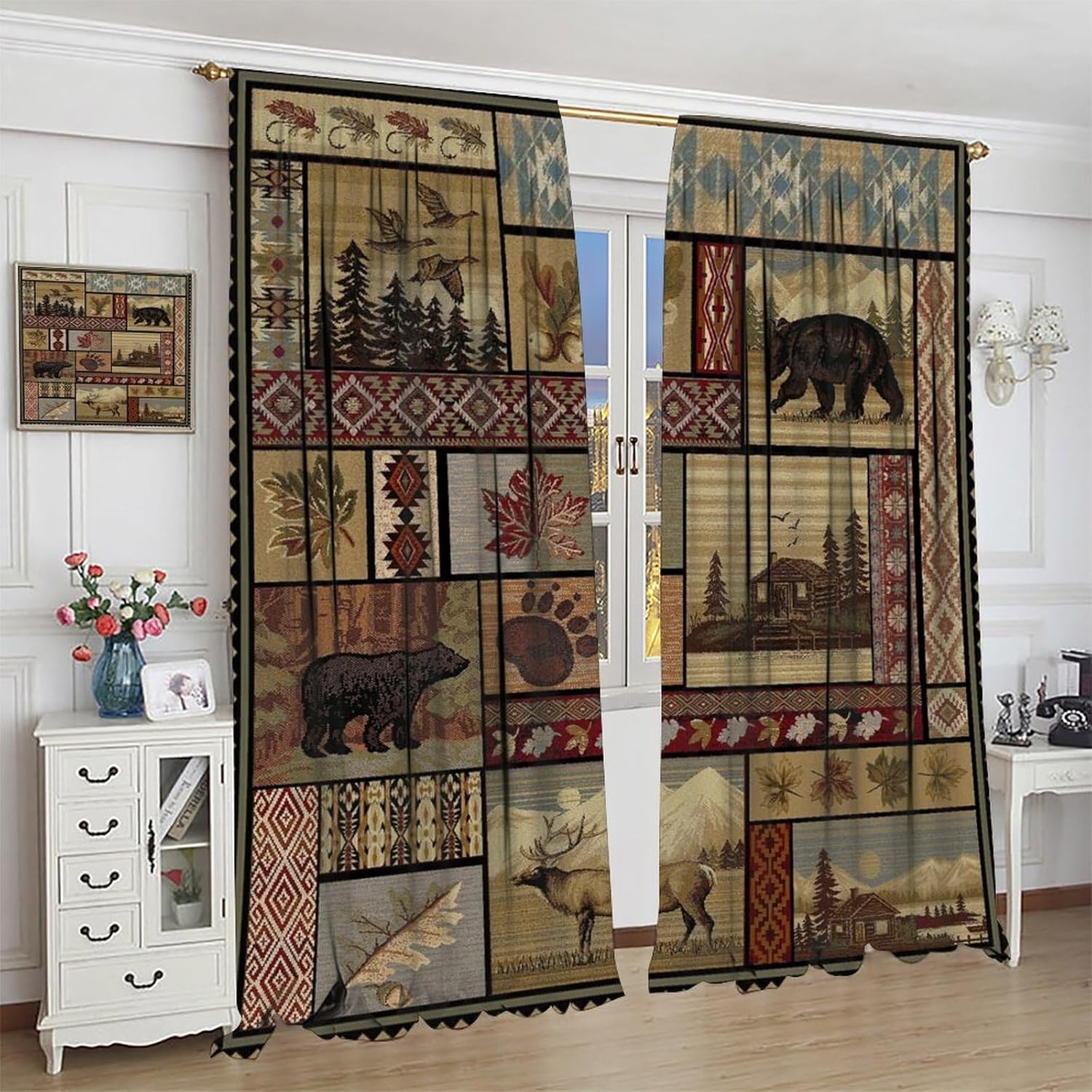 Vintage Western Cabin Lodge Curtains - Retro Rustic Farmhouse Country Wildlife Bear Deer Leaves Thermal Insulated Blackout Curtains - Rod Pocket Window Treatment Drapes for Bedroom 2 Panels 45L x 21W