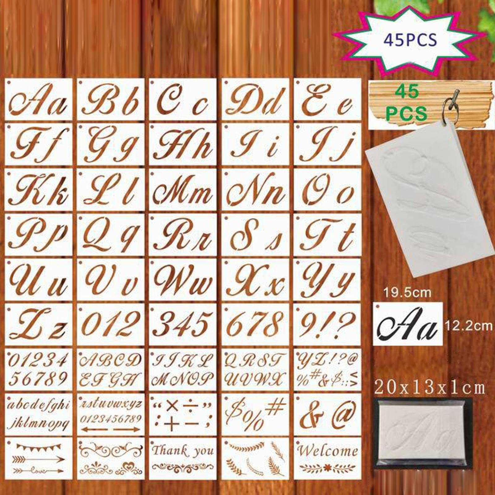 3 set di 45 stencil con lettere dell'alfabeto, per disegno e pittura, corsivo