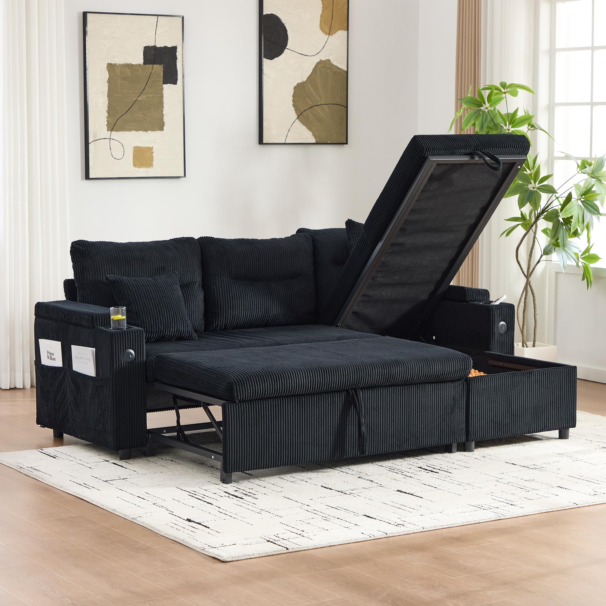 Moderno Chaise Longue Sofá Cama 3 Plazas con USB-C, Rinconera con Arcón Almacenaje y Portavasos, Sofá Cama de Pana Extraíble con Canapé Hidráulico, 212cm Mueble Salón, Negro