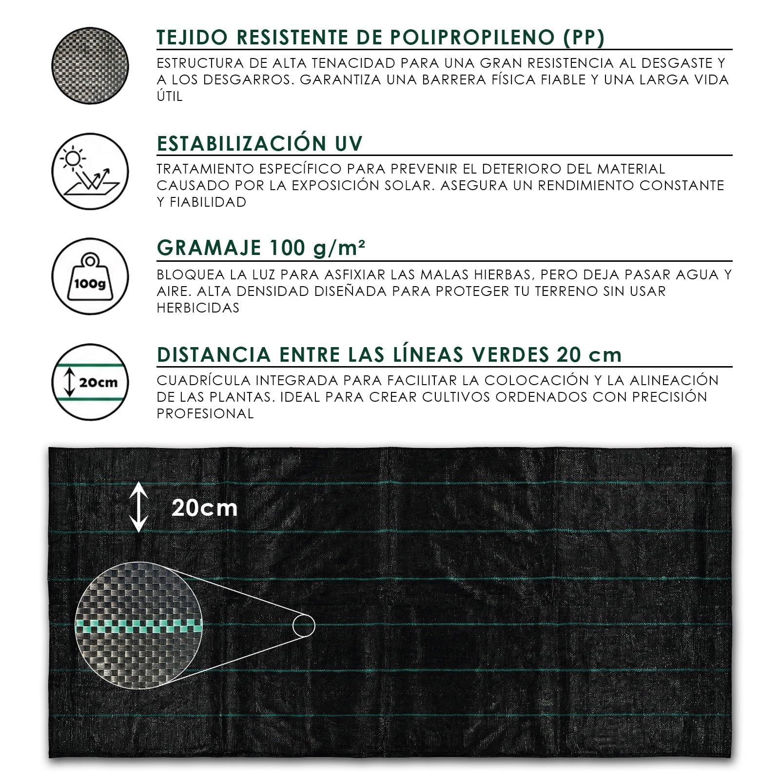 Malla antihierbas 100 g/m² con 20 clavos de jardín y arandelas [2 x 5 m]