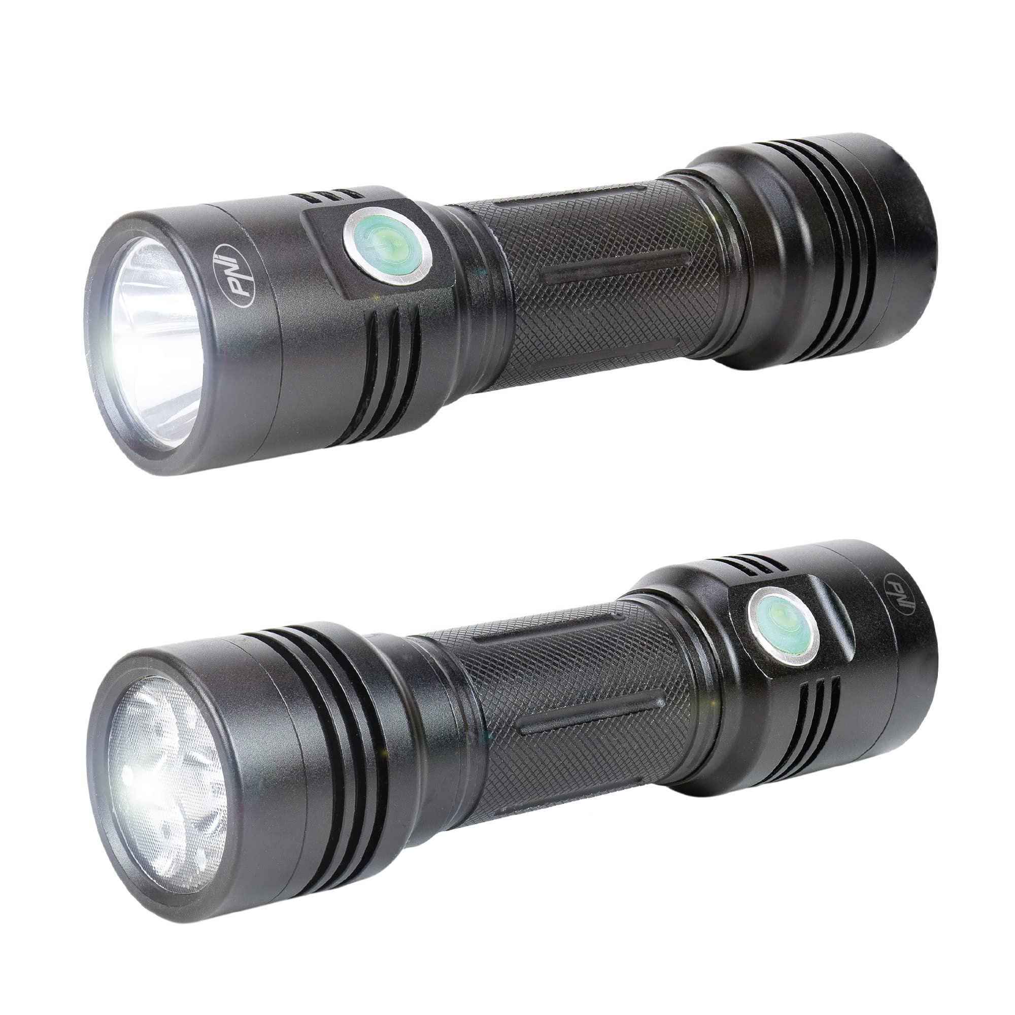 Aluminiowa latarka podwójna LED PNI Adventure F200, bateria 4000 mAh i port micro USB, 3 diody LED z dużą aperturą i jedna z fokusem, obie mają 3 poziomy mocy