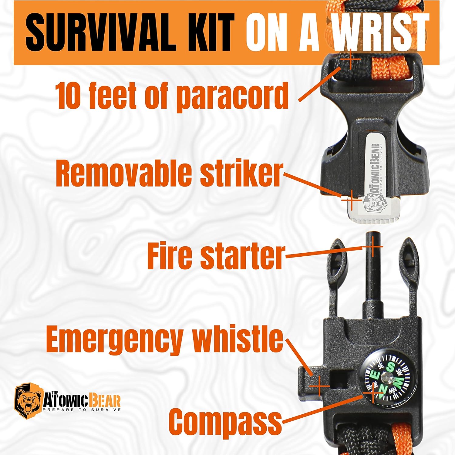 Atomic Bear Paracord Bracelet (2 Pack) - Adjustable - Fire Starter - Loud Whistle - Perfect for Hiking, Camping, Fishing and Hunting - Black & Black+Orange
