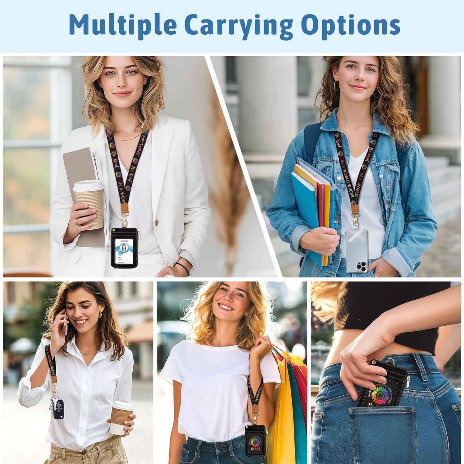 Be Kind Sunflower Lanyard Wallet with ID Badge Holder, Small RFID Wallet Women Keychain Wristlet, Slim Credit Card Holder Case with Zipper Pocket Phone Lanyard Wrist Strap Name Tag Office Teacher Gift - Image 2