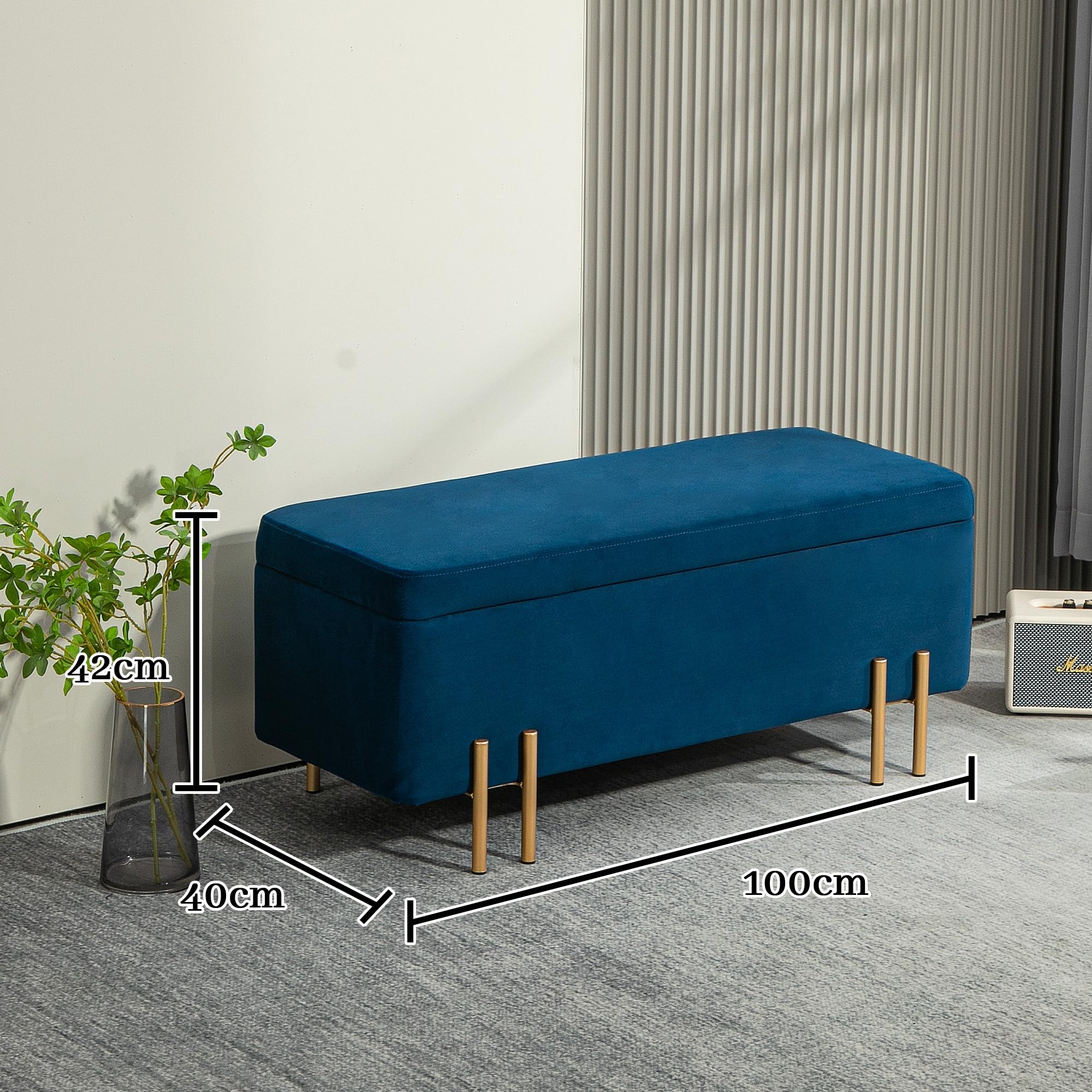 HOMCOM Sitzbank mit Stauraum Polsterbank mit Samtoptik, Sitztruhe mit Metallbeine, Truhenbank für Wohnzimmer Schlafzimmer Flur 100 x 40 x 42 cm, Blau