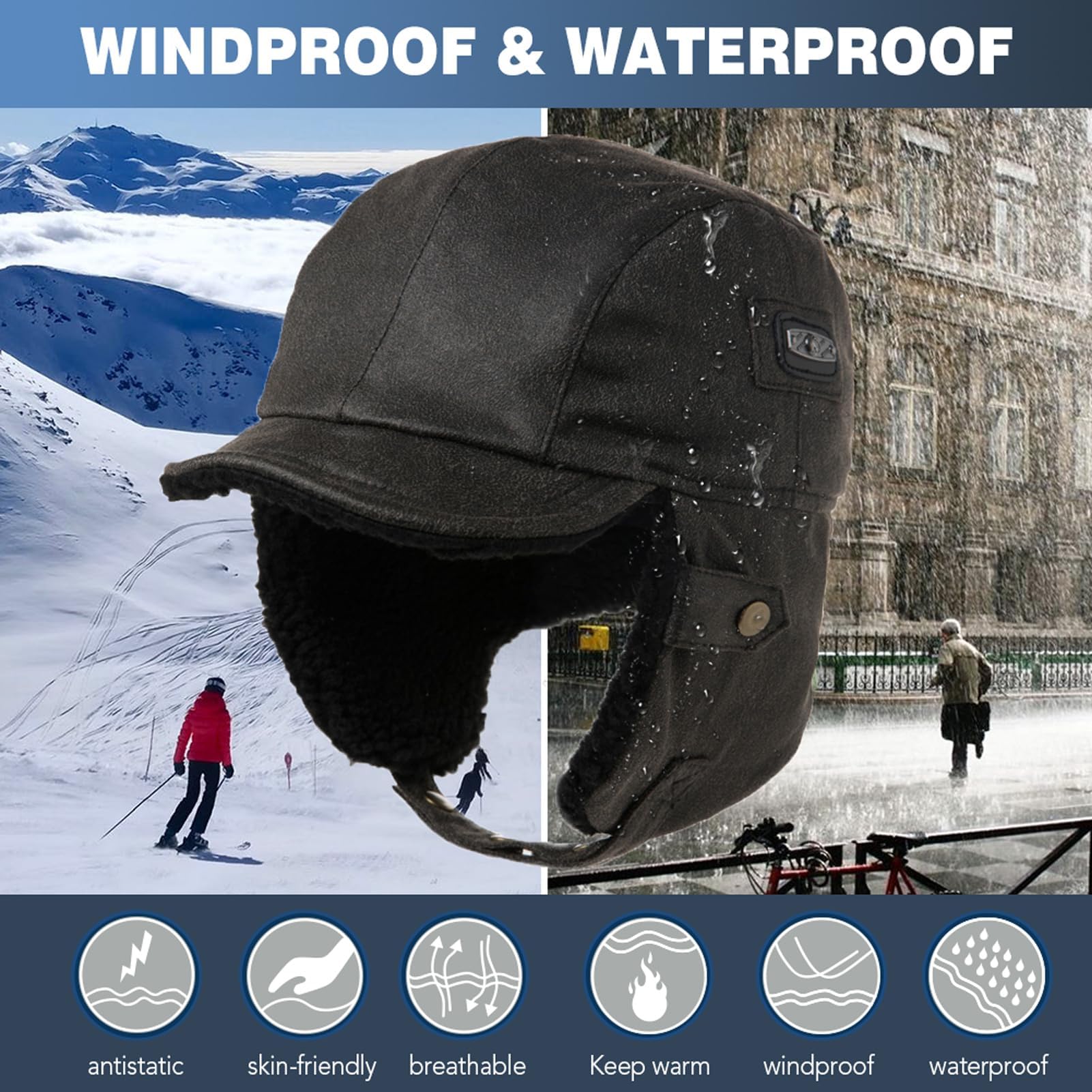 TOP-EX Gorro de invierno impermeable, gorra de piloto de aviador con orejeras resistentes al viento, gorra con forro polar cálido para actividades al aire libre frías y húmedas, 55-66 cm