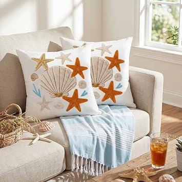 Moukeren 2 Pcs Seashell Starfish Throw Pillow Cover 18 x 18 Inch Summer Coastal Nautical Embroidered Decorative Pillow Cases Beach Ocean Square Cushion Cover for Sofa Couch Bedroom Decor Gift