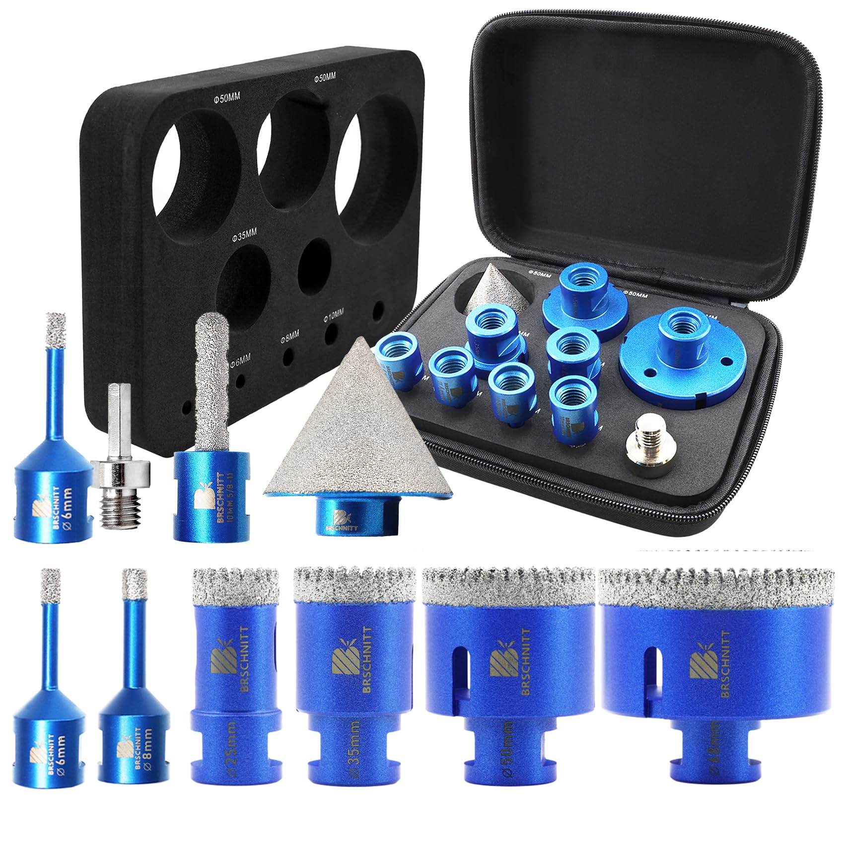 Punta per Trapano Diamantata Set - 6/6/8/25/35/50/68mm+10MM Versatile Fresa Diamantata+50mm Fresa Diamantato+Gambo Esagonale a M14 Filo per Porcellana Granito Piastrella Marmo Taglio a Secco