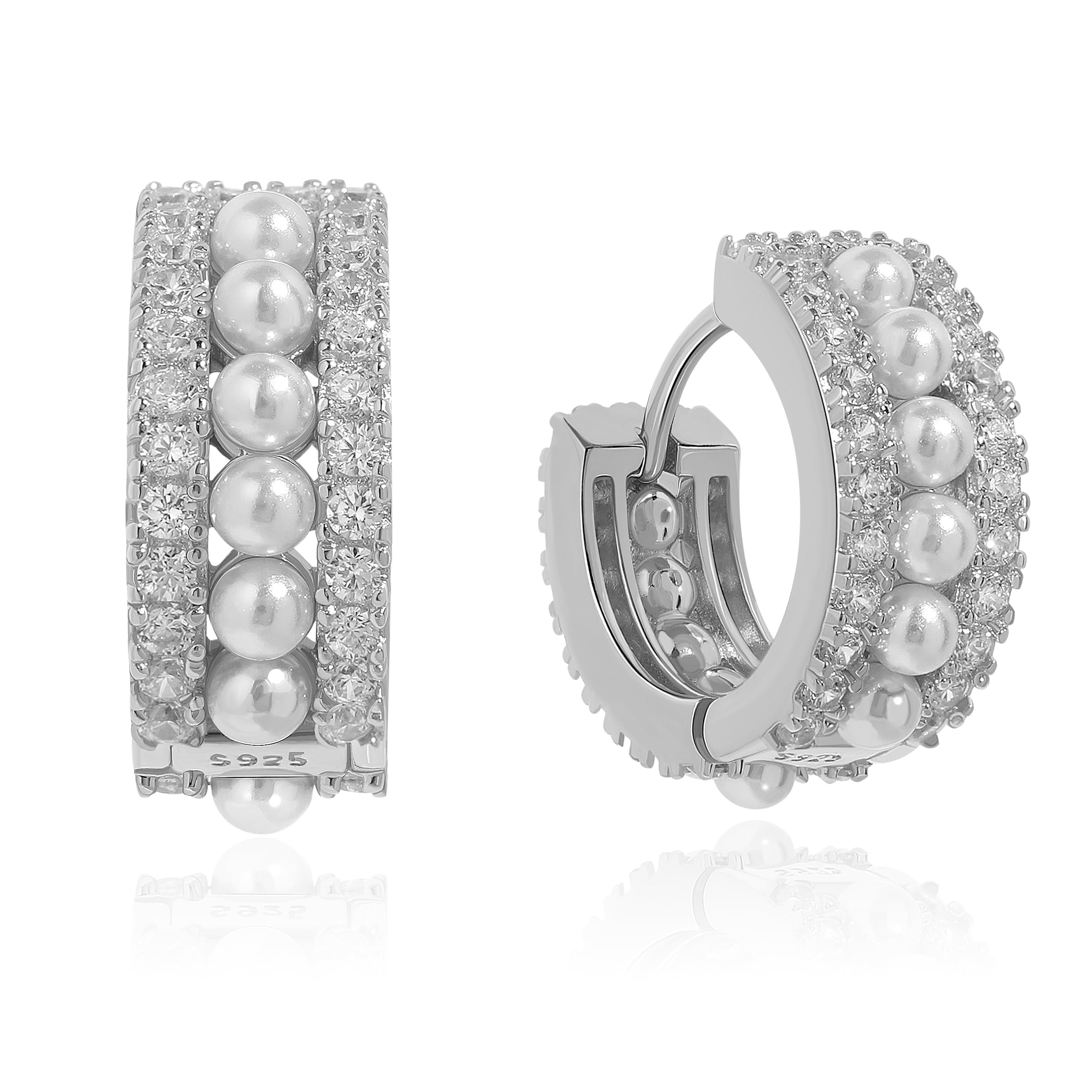 Meissa Pendientes Aro con Perlas para Mujer, Plata de Ley 925 con Baño en Oro o Plata Incrustaciones de Circonitas y Perlas Cierre de Bisagra