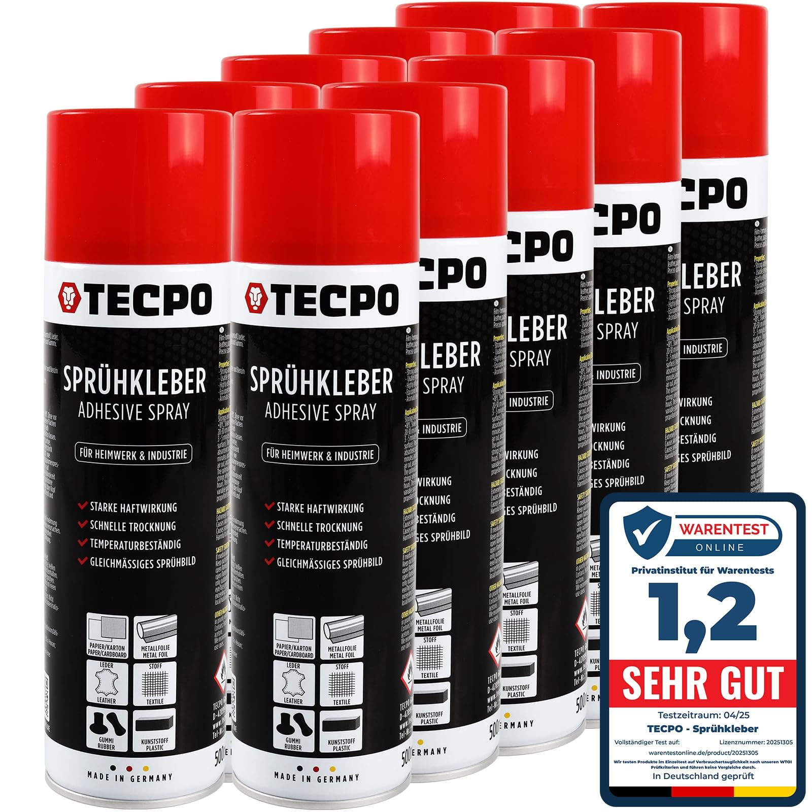 TECPO 10 adhesivos en aerosol, 500 ml, pegamento industrial, pegamento de contacto para piel, espuma, plástico, metal, papel, goma UVM.