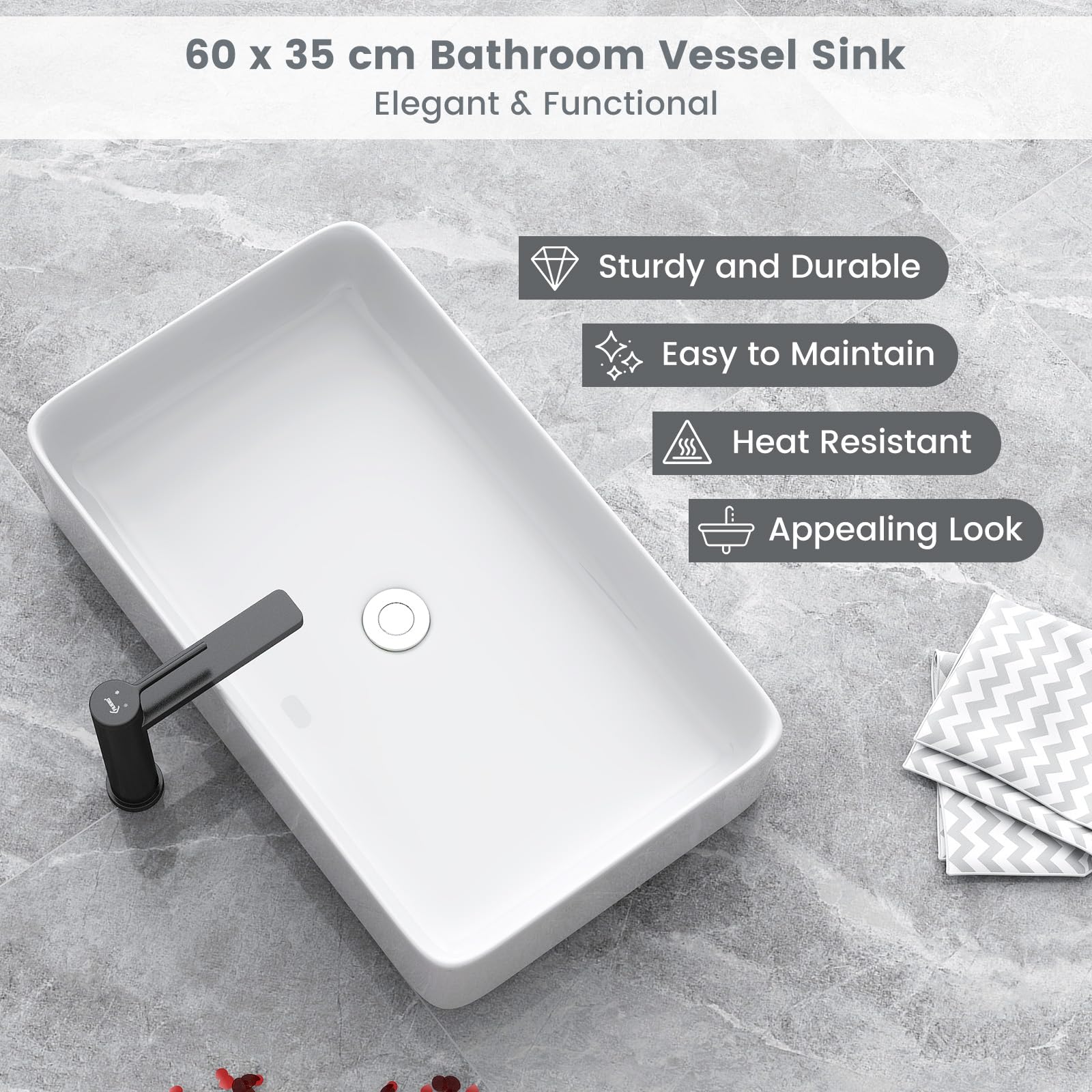 GIANTEX Lavabo rectangulaire à poser, en céramique, blanc, avec évacuation pop-up, 60 cm de large, pour salle de bain et WC d'invités ED0873DE