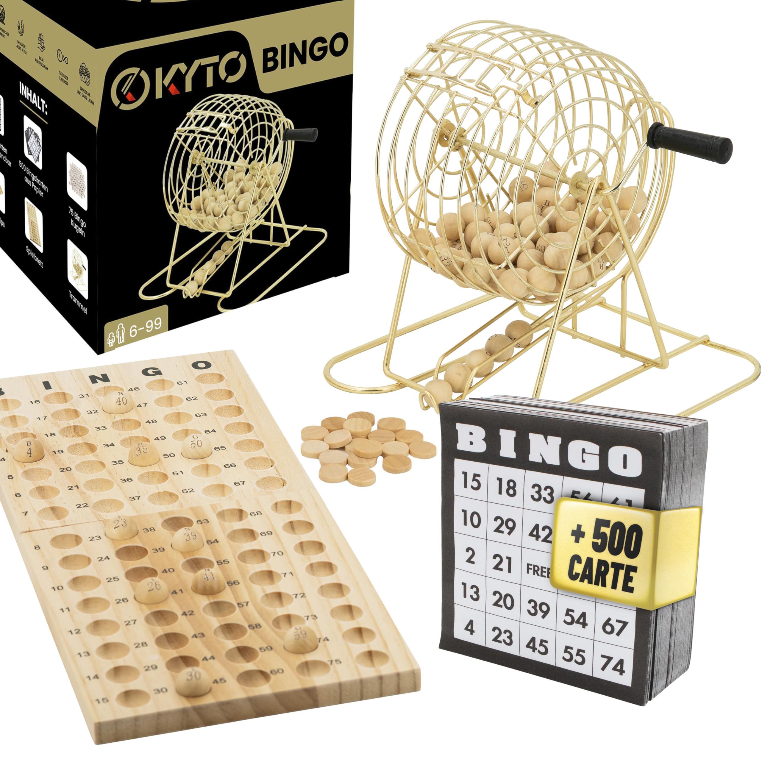 Kyto Grande gioco del bingo dorato in metallo con 150 gettoni, 75 palline e tabellone in legno, 18 cartelle di tombola rigide + extra 500 cartelle in carta, per adulti e bambini