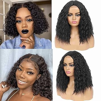 Water Wave Short Bob Wig Synthetic Hair Wigs for Black Women, Fake Scalp Middle Part Lace Wig, Natural Color 180% Density (14 Inch)