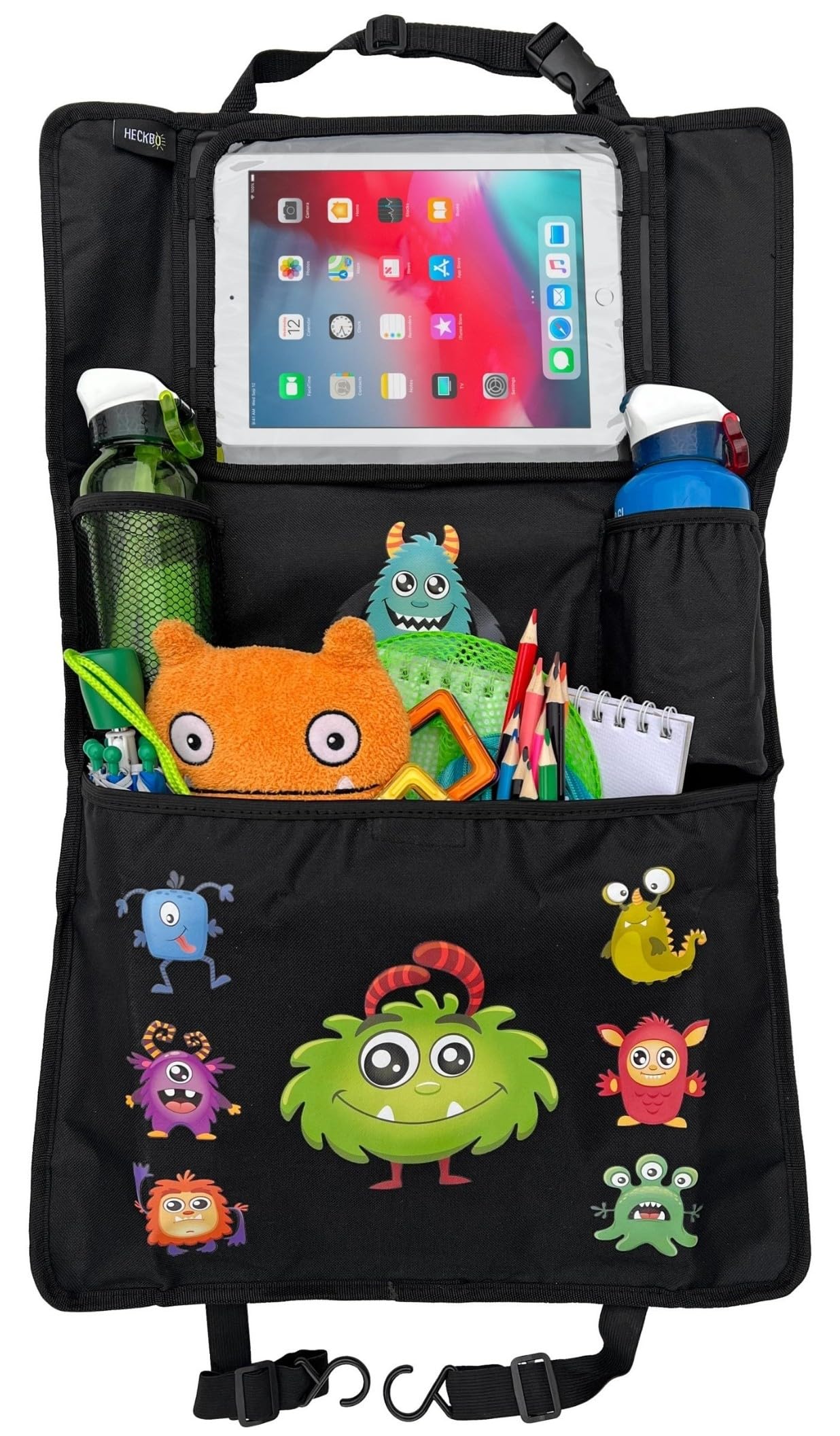 HECKBO 1x Monster Kinder Auto Rückenlehne Organizer mit Touch Tablet Tasche - Thermotasche für Getränke - Extra Große Verstautasche - Einfache Befestigung