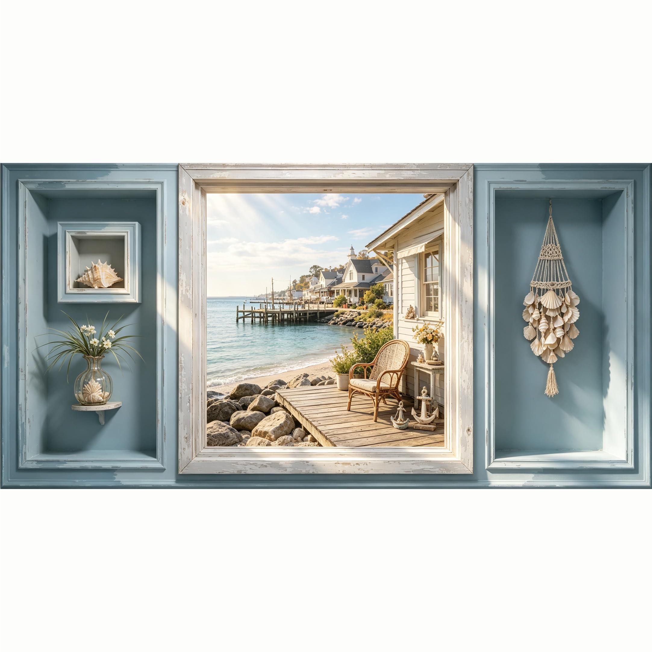 QZLITHOTIC 50x100cm 3D Framed Wall Art， Coastal Seaside Village View Self‑Adhesive Mural， Water‑Activated Peel & Stick Fabric Decor Wall Decal for Bedroom Living Room