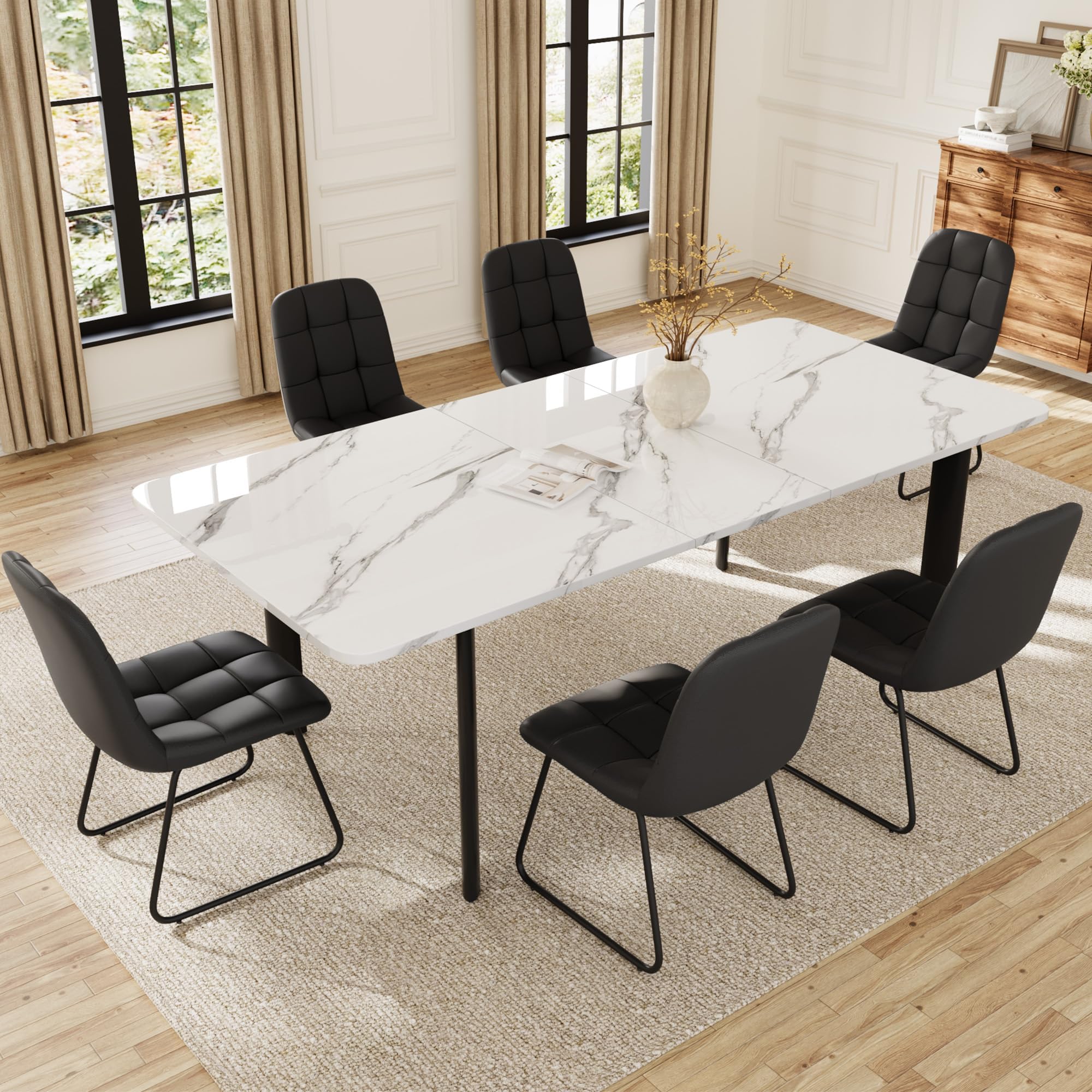 Extendable Dining Table Set for 6-8 People, 63 to 78.7 Inch MDF Kitchen Table with 6 Upholstered Chairs, Space-Saving for Dining Room, Breakfast Nook (White Table & 6 Black U-Shaped Chairs)