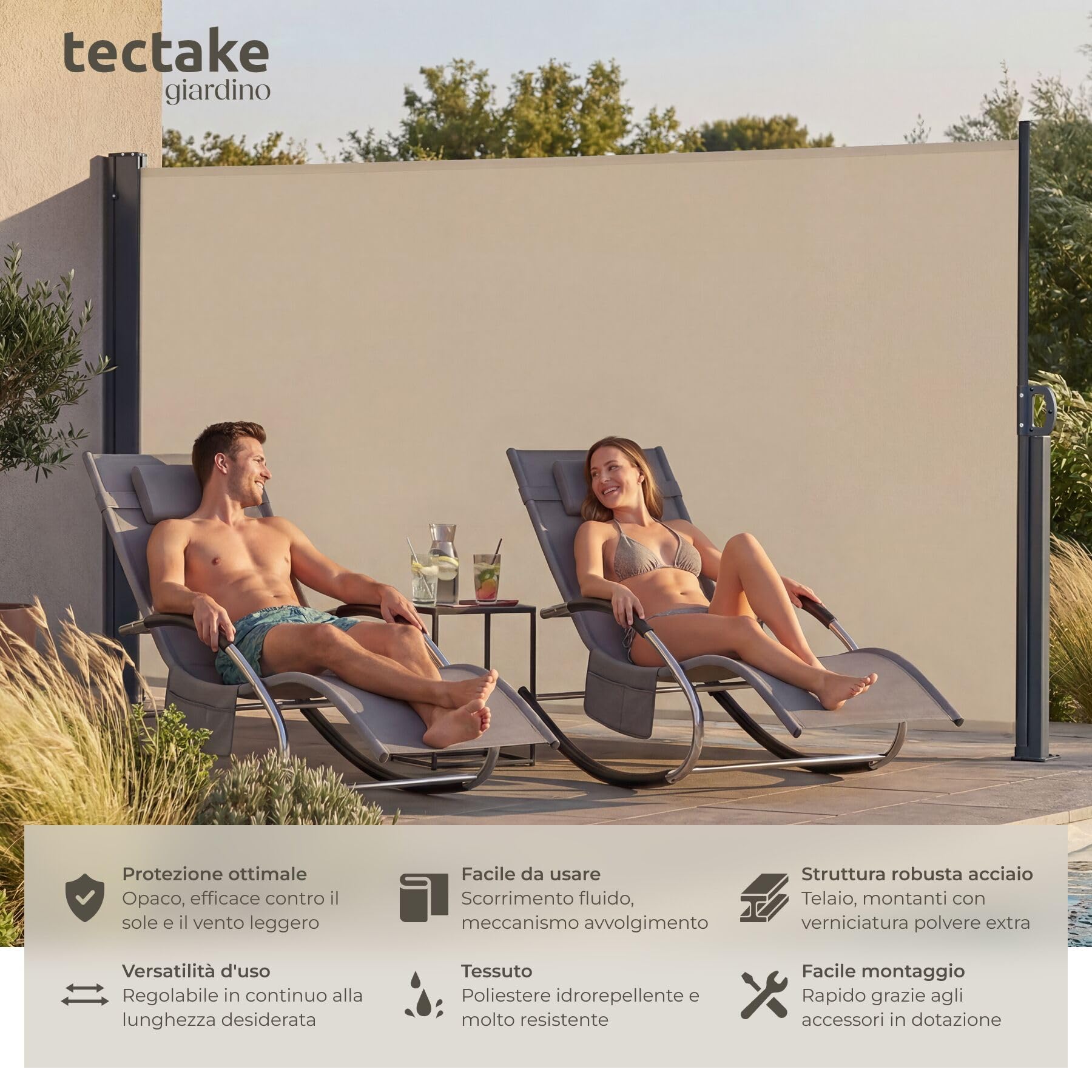 tectake® Tenda Laterale Avvolgibile, Estensibile, 300 x 180 cm, Paravento da Esterno, Tenda Parasole Esterno, in Acciaio, per Giardino, Balcone e Terrazza, Frangivista Frangivento da Esterno - Beige