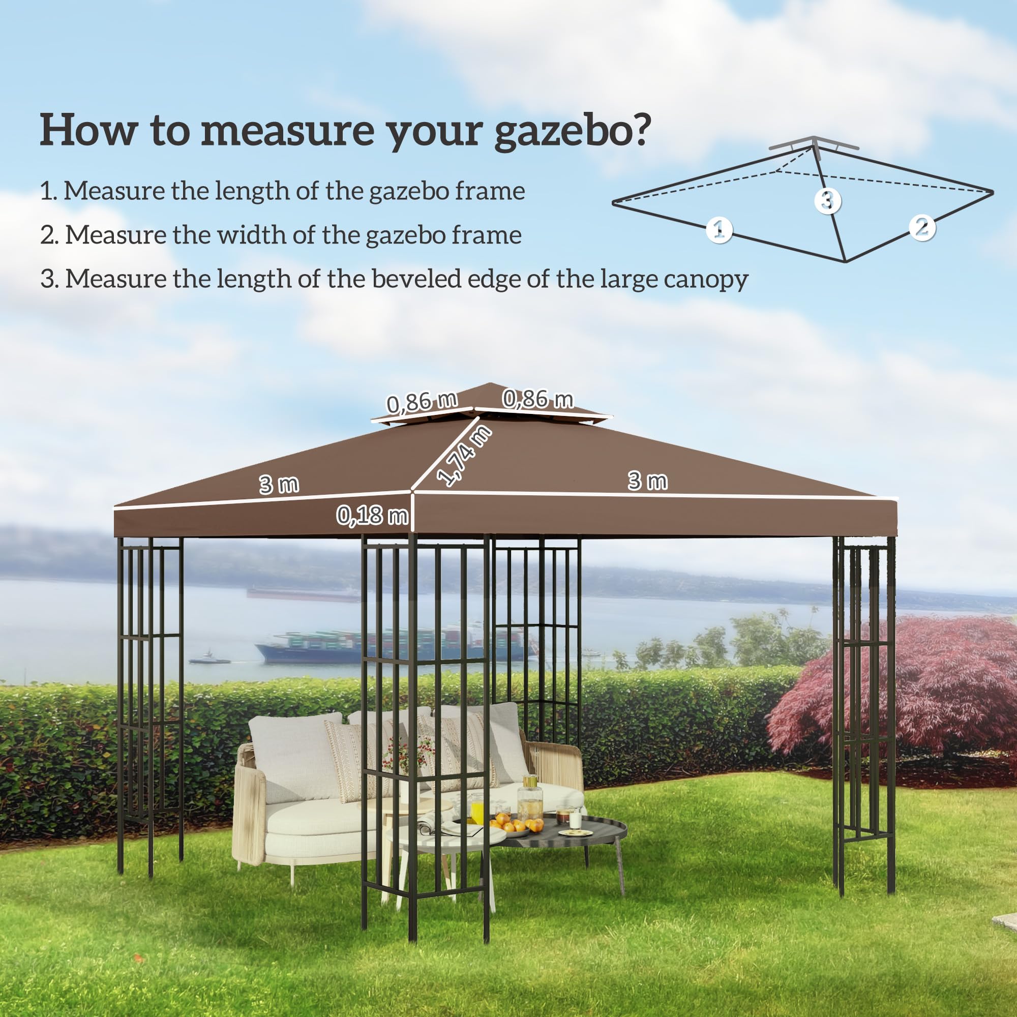 Outsunny Tetto di Ricambio per Gazebo 3x3 m a 2 Livelli, Telo Gazebo 3x3 m Resistente all'Acqua in Tessuto Oxford 180g/m², Anti-UV, Caffè