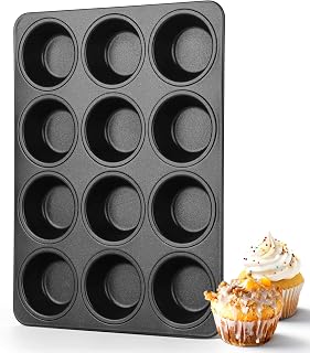 Herogo 12-Cup Nonstick Muffin Pan Tin for Baking, Metal Nonstick Cupcake Tray Set for Making Egg Muffin Quiches, Mini Brownie, Easy to Clean & Quick Release, Oven & Dishwasher Safe, Black
