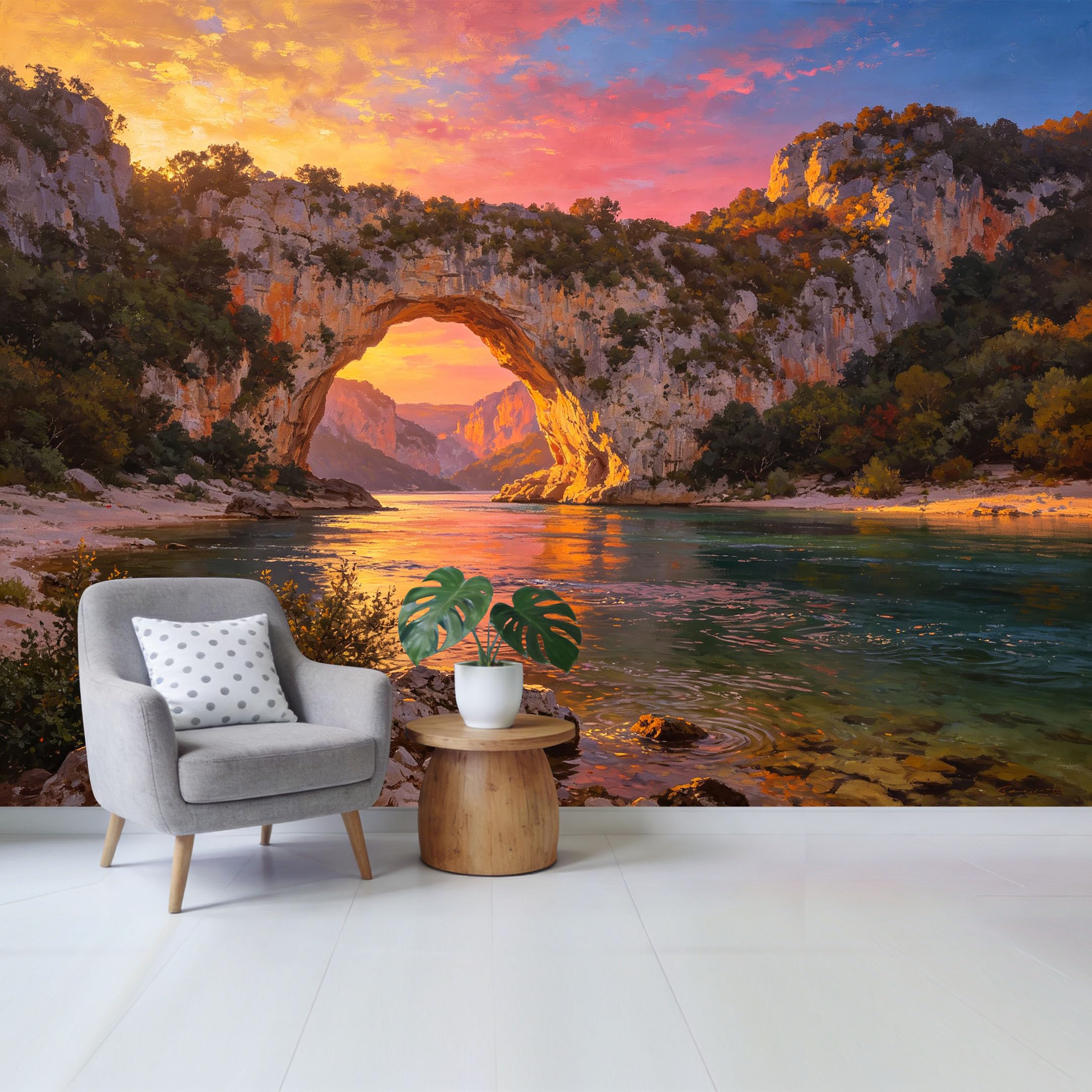 Custom Size Wall Mural Sunset Canyon Arch River Landscape Oil Painting Removable Self Adhesive Fabric Home Wall Decor for Living Room Bedroom Bathroom